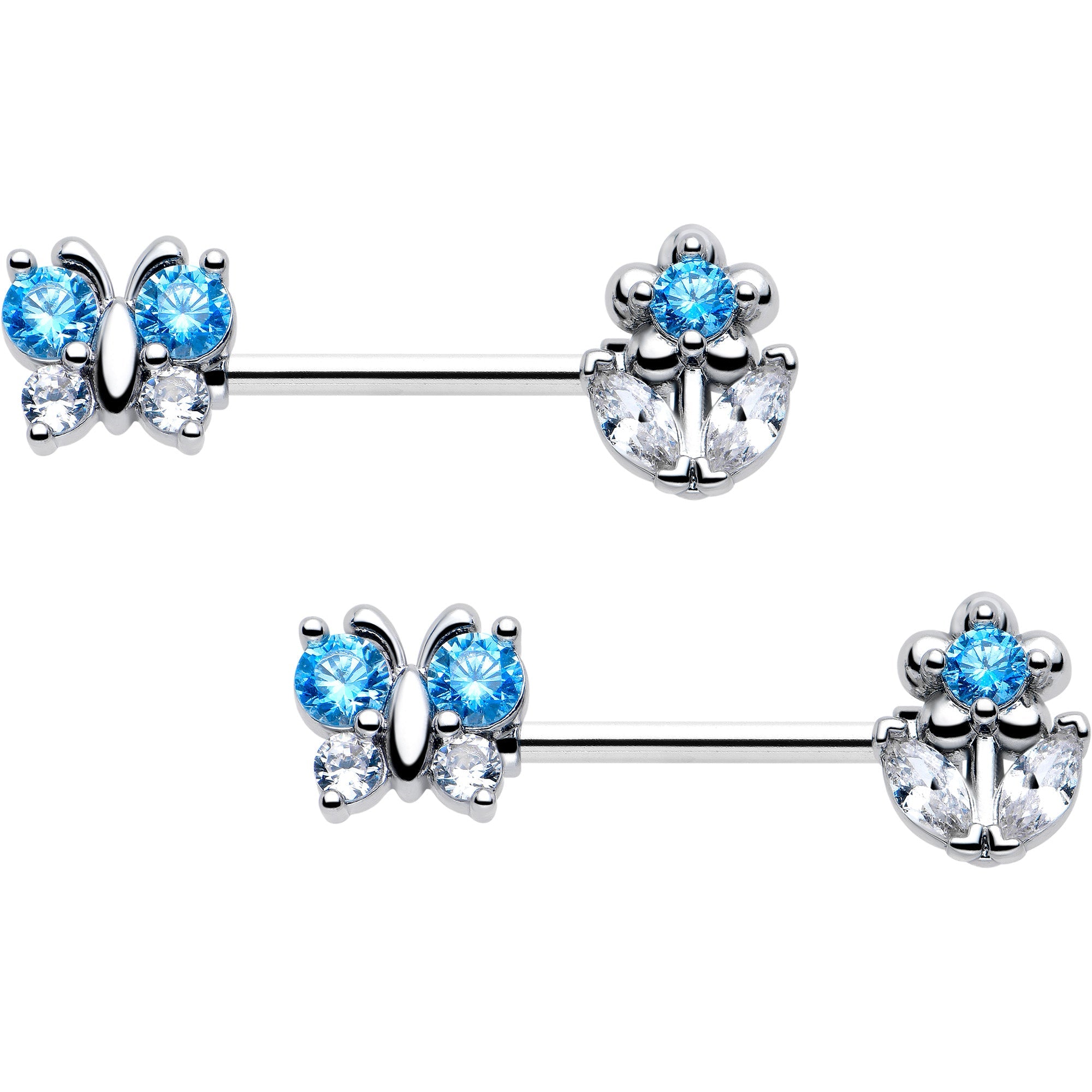 14G 9/16 Blue CZ Gem Butterfly Fantasy Barbell Nipple Ring Set