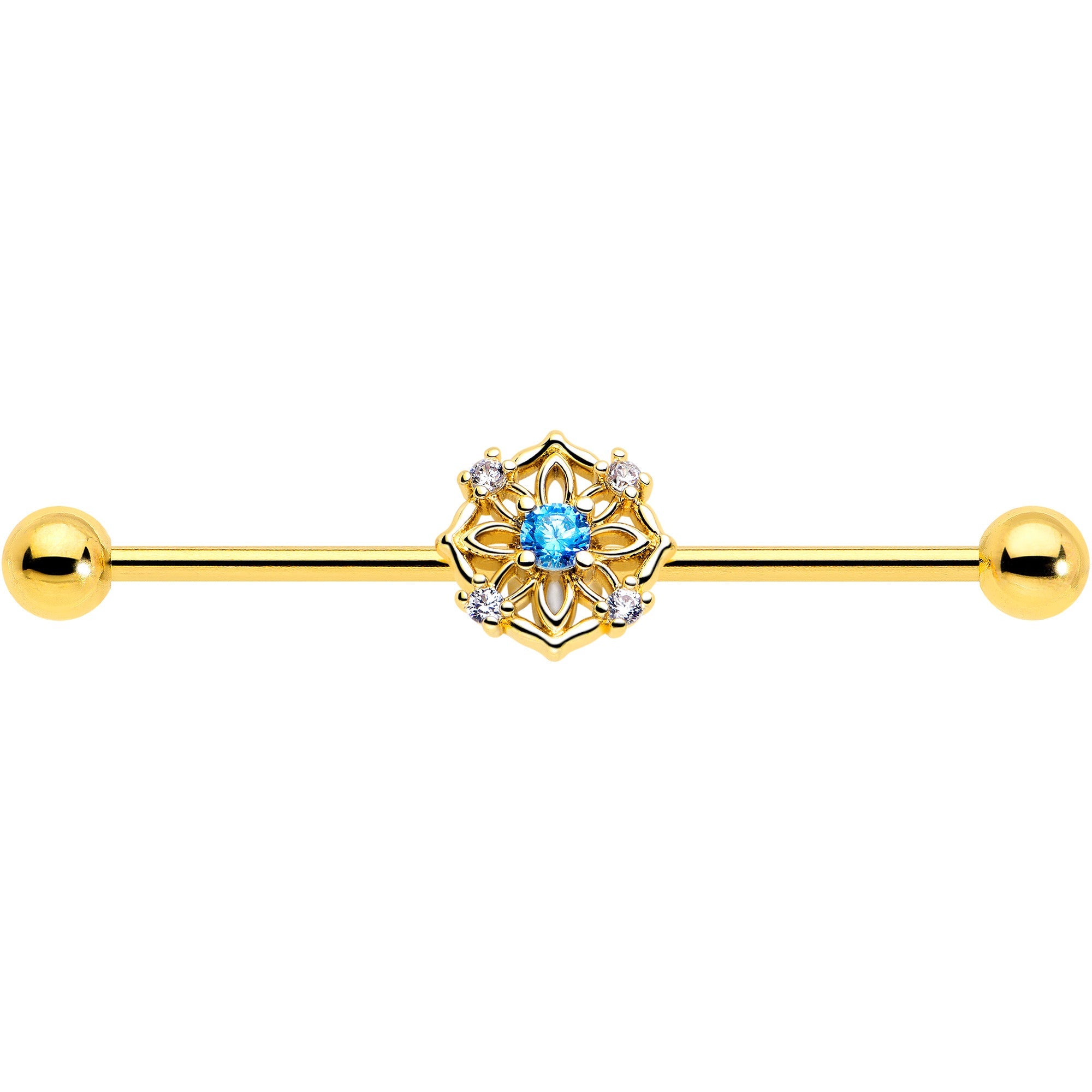 14G Blue CZ Gem Gold Tone Flower Ring Industrial Barbell 38mm