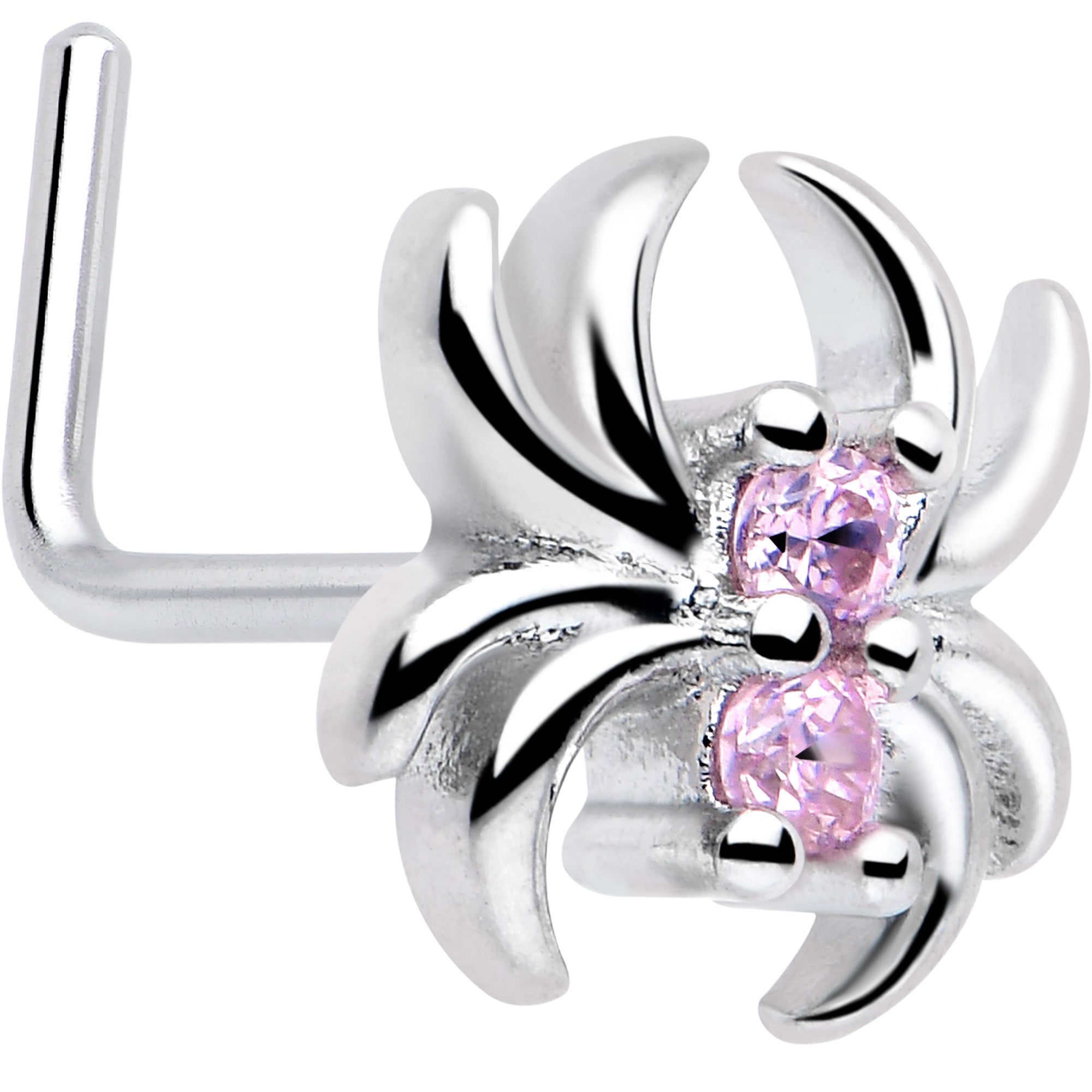 20G 7mm Pink CZ Gem Sleek Spider L Shape Nose Ring
