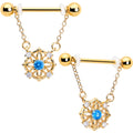 14G 9/16 Blue CZ Gem Gold Tone Flower Ring Dangle Nipple Ring Set