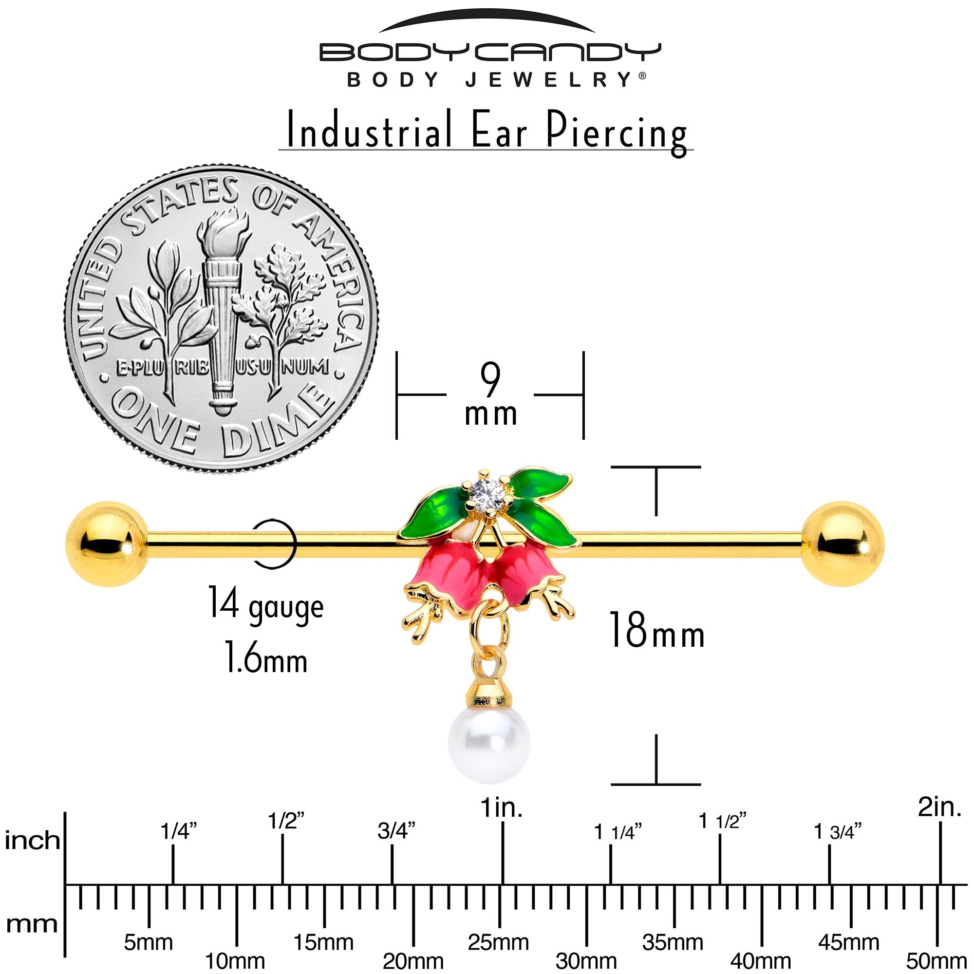 14G Clear CZ Gem Gold Tone Bell Flower Industrial Barbell 38mm