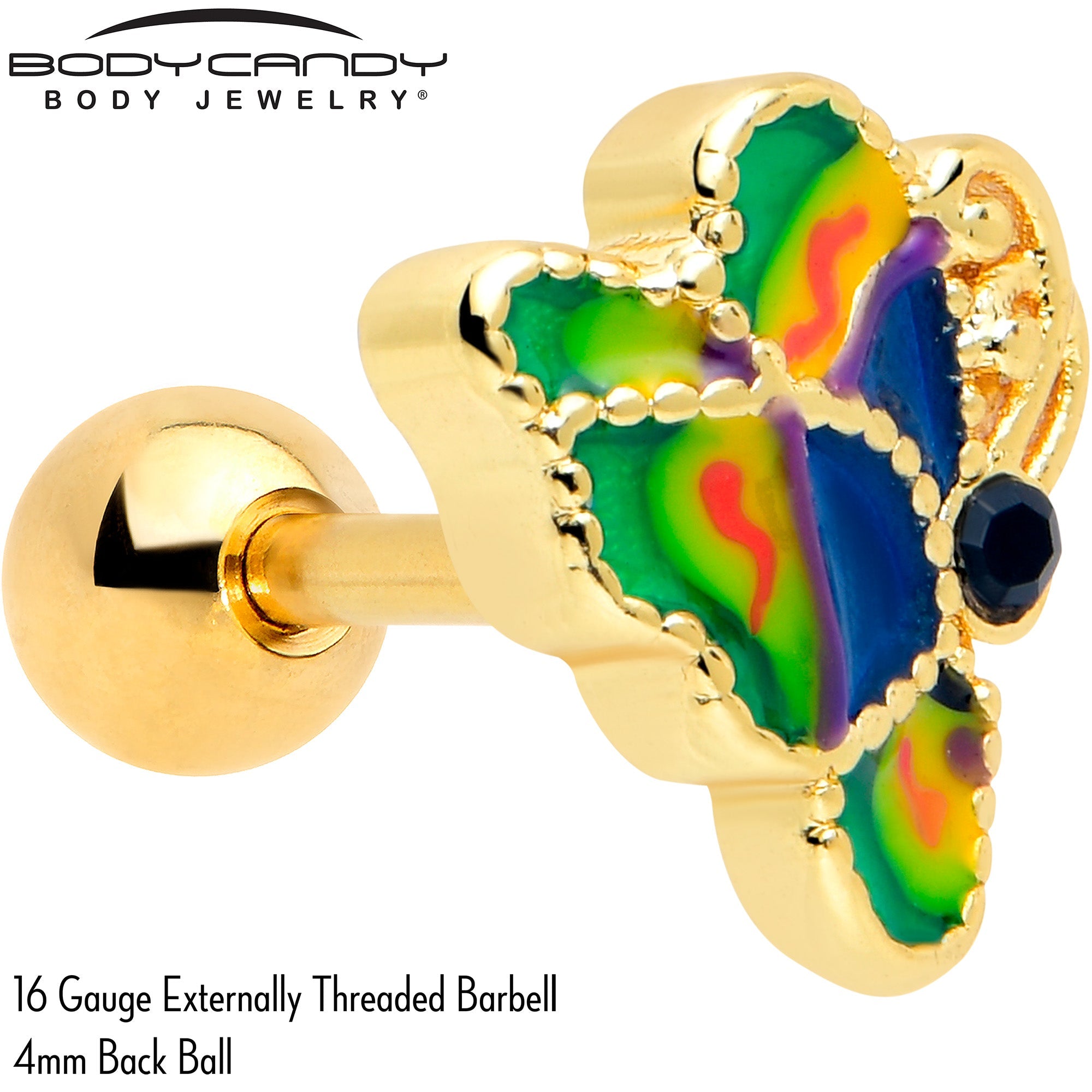 16G 1/4 Blue Gem Gold Tone Butterfly Colors Cartilage Tragus Earring