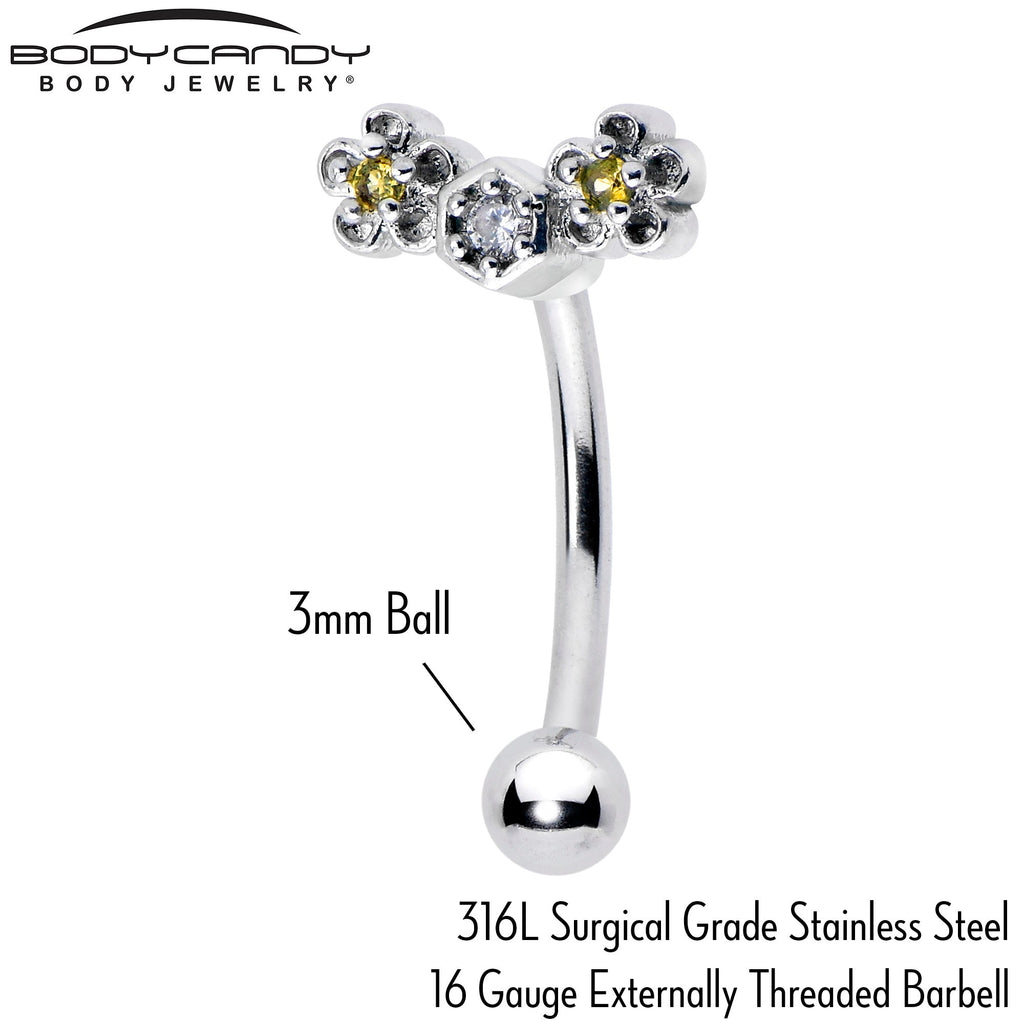 16G 5/16 Yellow CZ Gem Flower Honeycomb Curved Eyebrow Ring