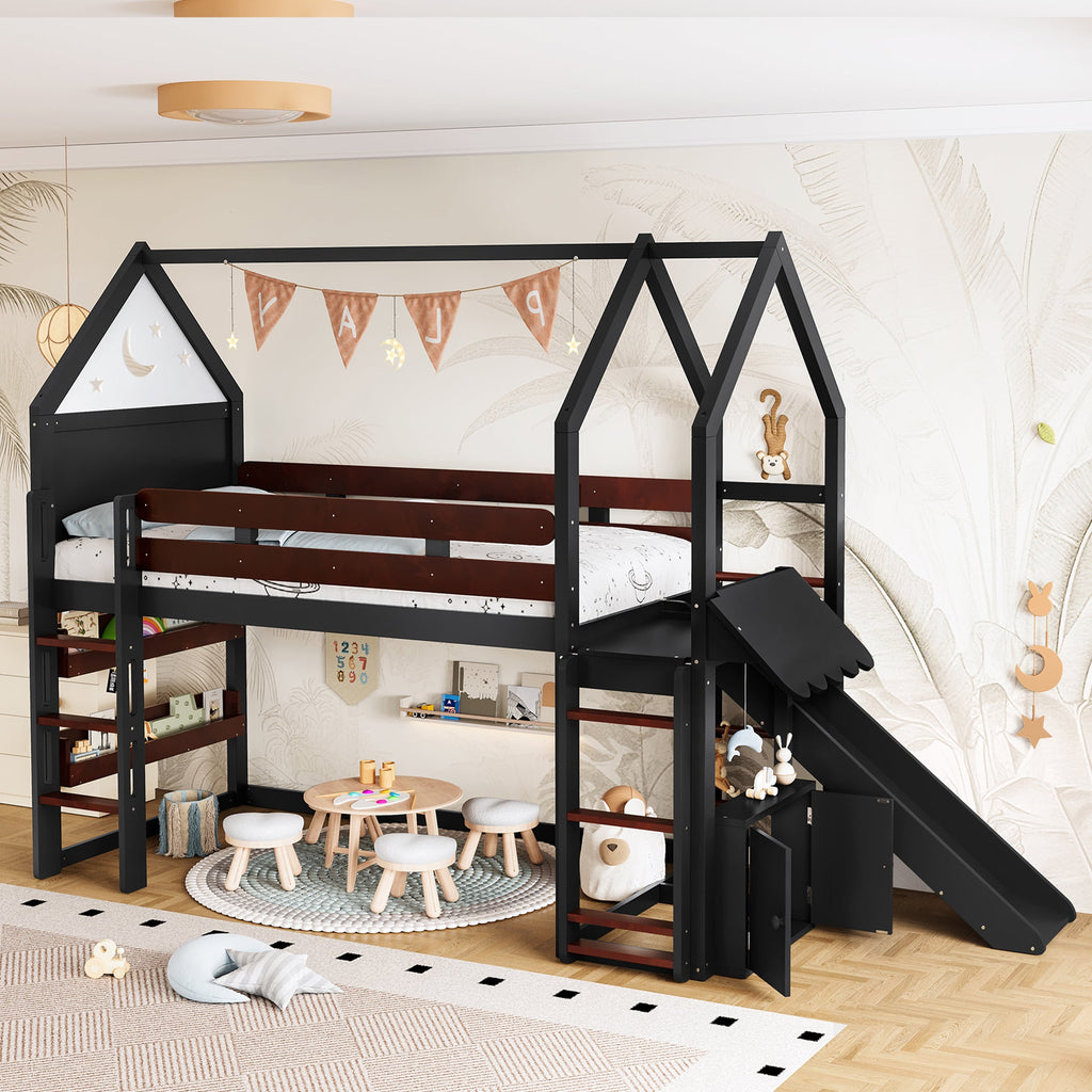 Twin Size Loft Bed with Bookshelf Playful Design for Kids House-Shaped Structure with Slide High-Quality Safety Rails,Beige/Natural /Black