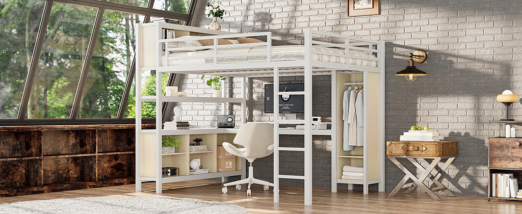 Metal Loft Bed with Wardrobe And L-shaped Desk, Queen Size Loft Bed with Storage Cubes and Shelves, Heavy Duty Loft Bed for Kids Teens Adults, White Wood-grain
