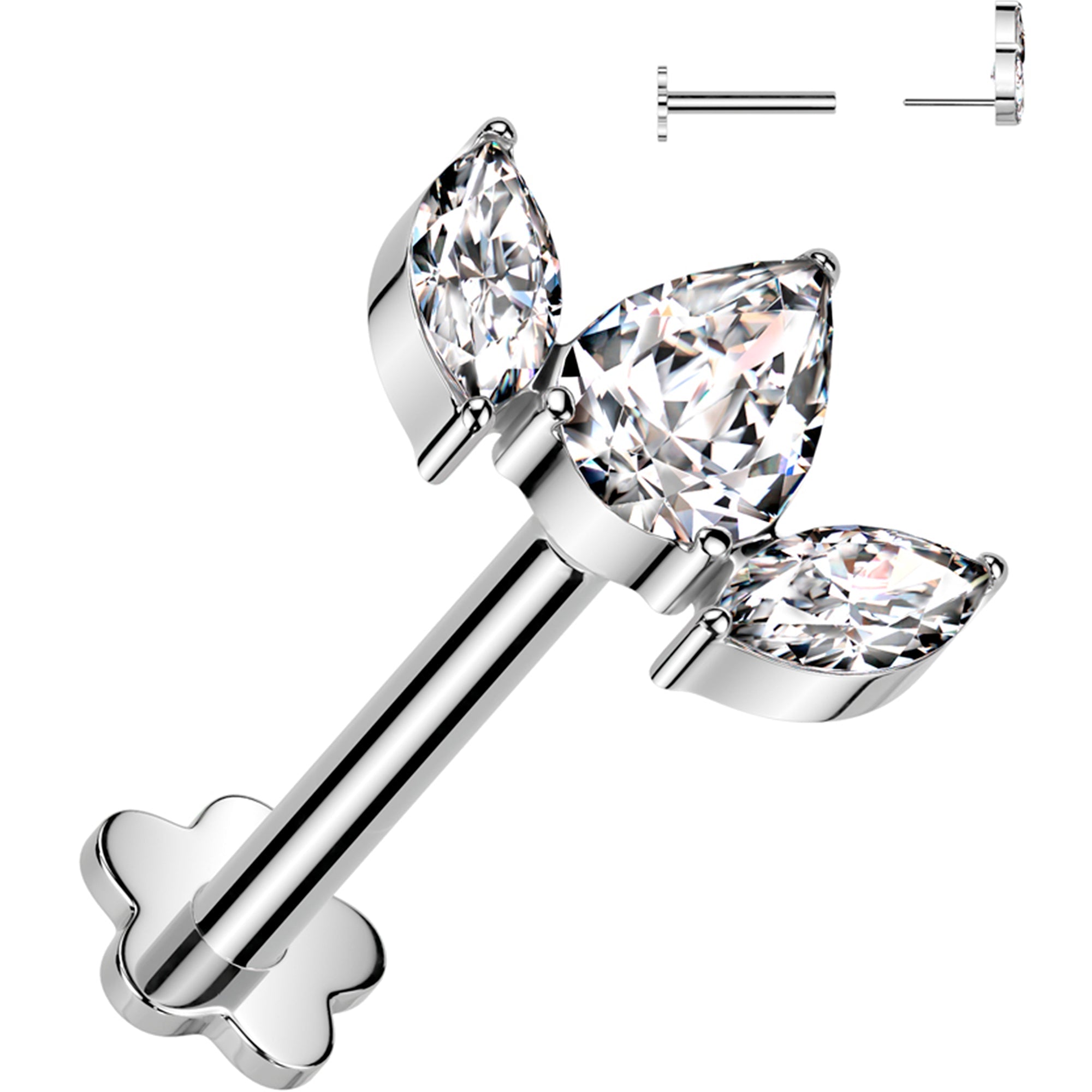 16G 5/16 Clear CZ Gem Oval Trio Medical Grade Titanium Reversible Flat Back Earring