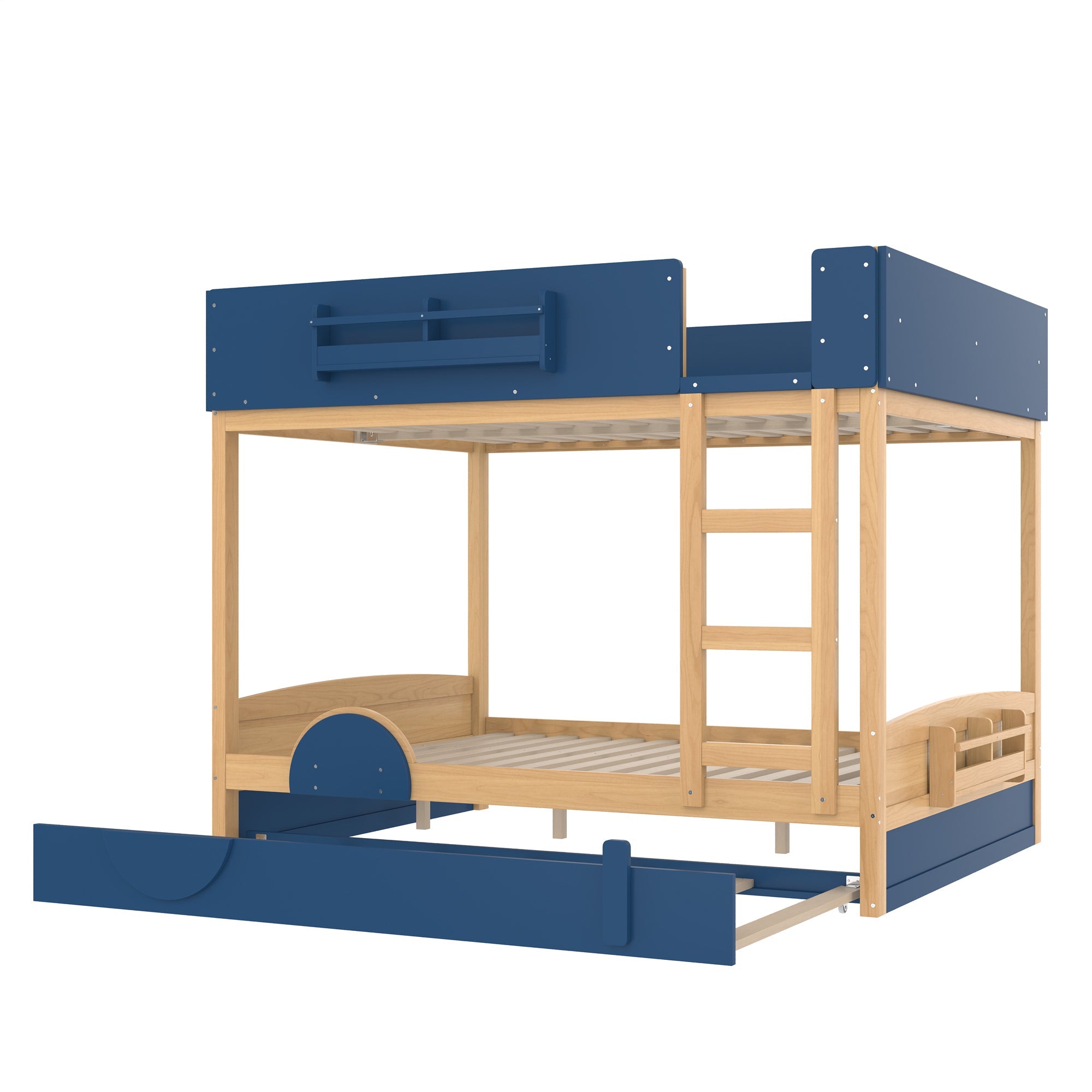 Queen Bunk Bed with Trundle , Wood Bunk Bed Frame with Built-in Bookshelf and High-quality Safety Guardrail,Automobile Form Design for Kids ,Blue＆Natural