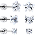 Clear Simplistic Heart Star CZ Flat Back Stud Earrings - 3 Pairs
