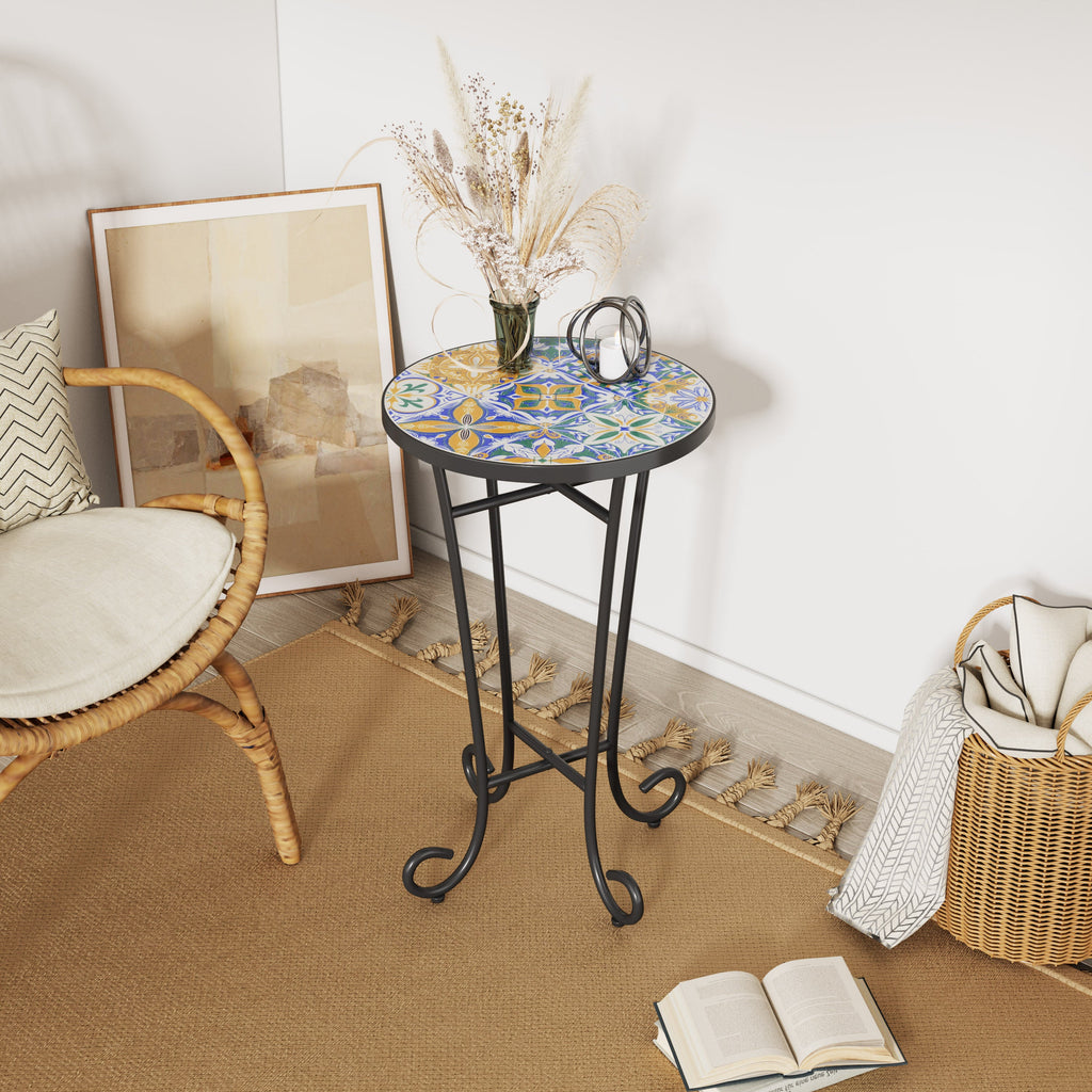 Vibrant French Country Patio Side Table with Colorful Ceramic Tile and Black Iron Frame