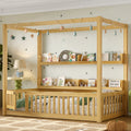 Twin Size Canopy Bed with Guardrails, Solid Wood Floor Bed with Shelves, Montessori Floor Bed Frame for Kids, Boys, Girls, No Spring Box Needed, Natural