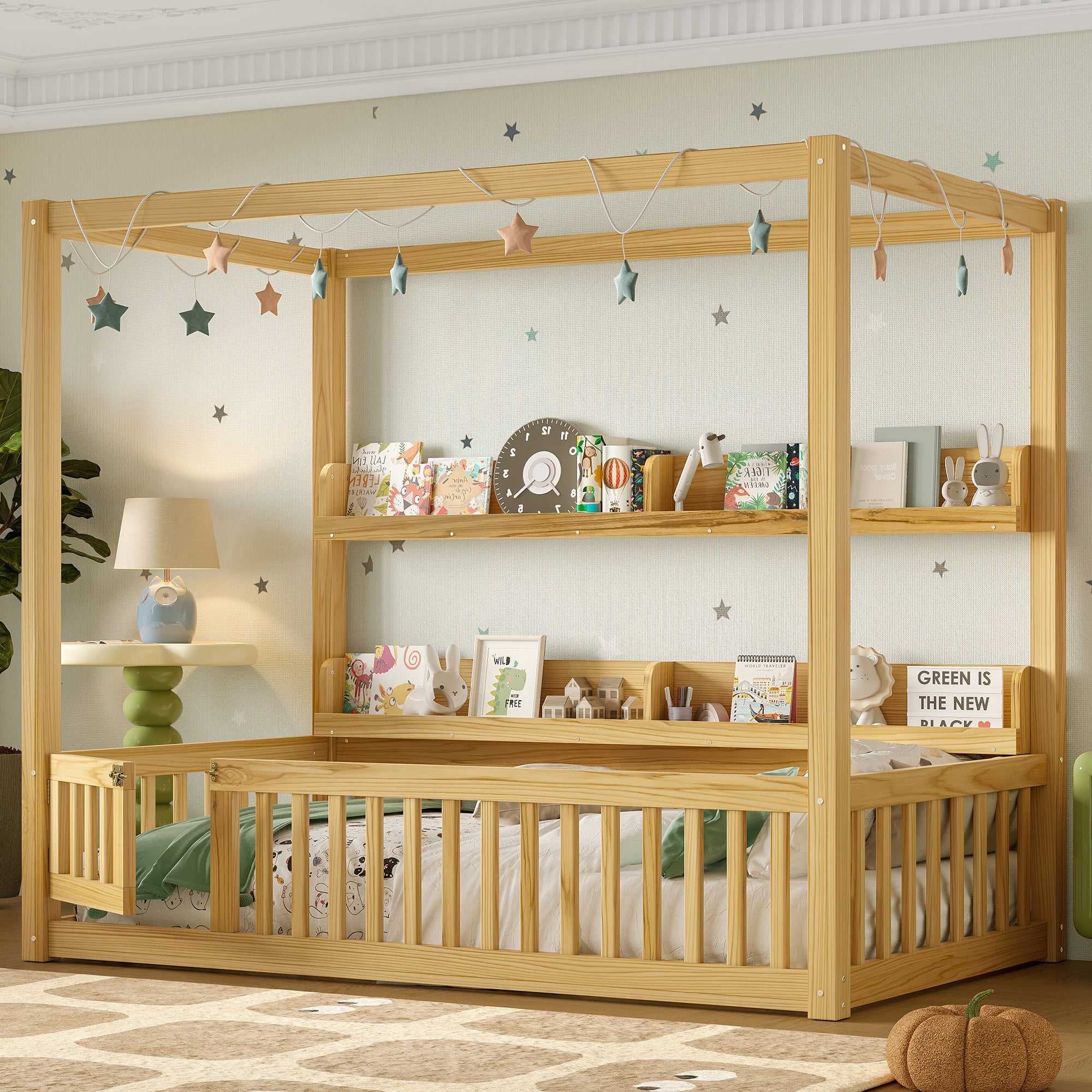 Twin Size Canopy Bed with Guardrails, Solid Wood Floor Bed with Shelves, Montessori Floor Bed Frame for Kids, Boys, Girls, No Spring Box Needed, Natural