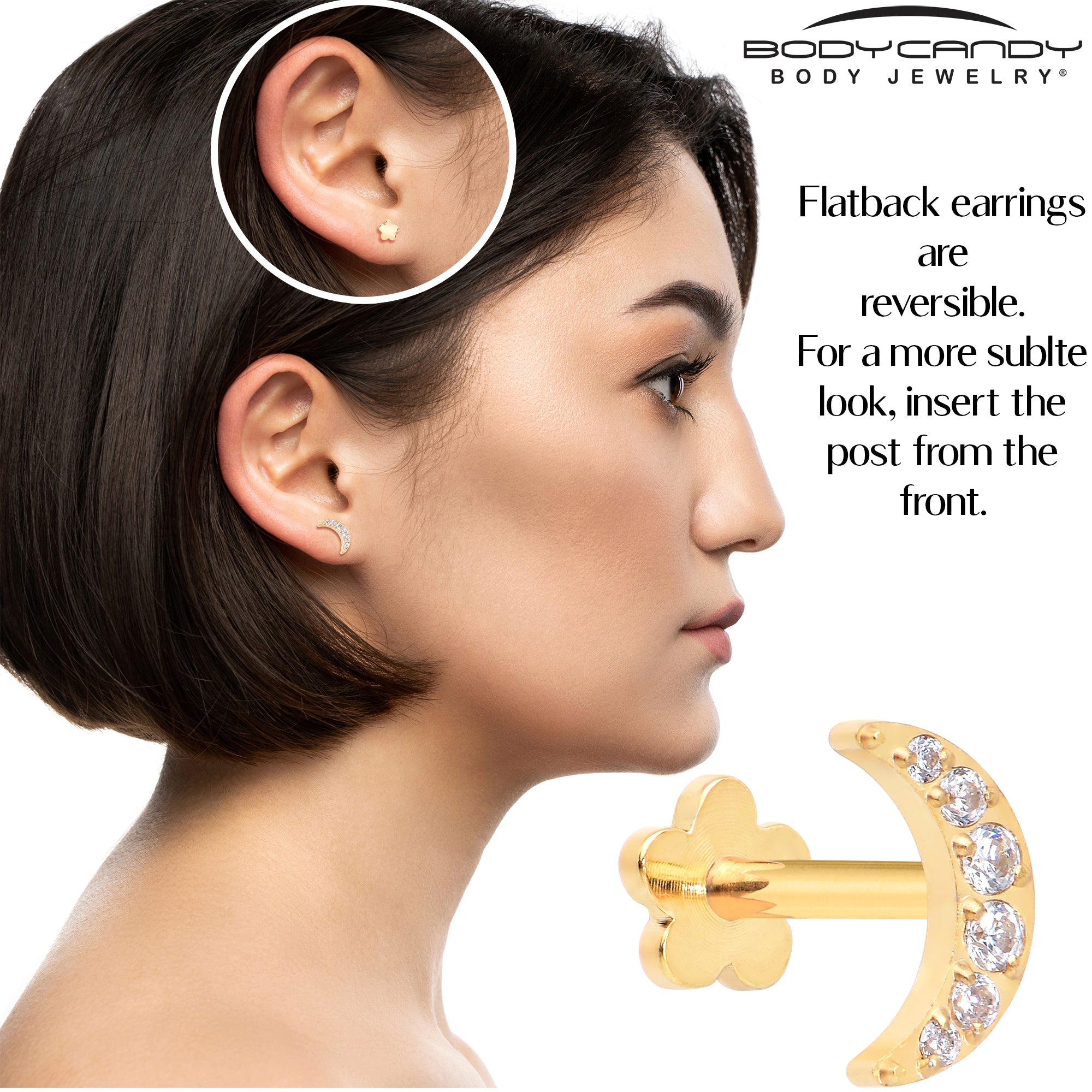 Titanium Flat Back Earring Gem Crescent Moon - 18G Threadless Reversible