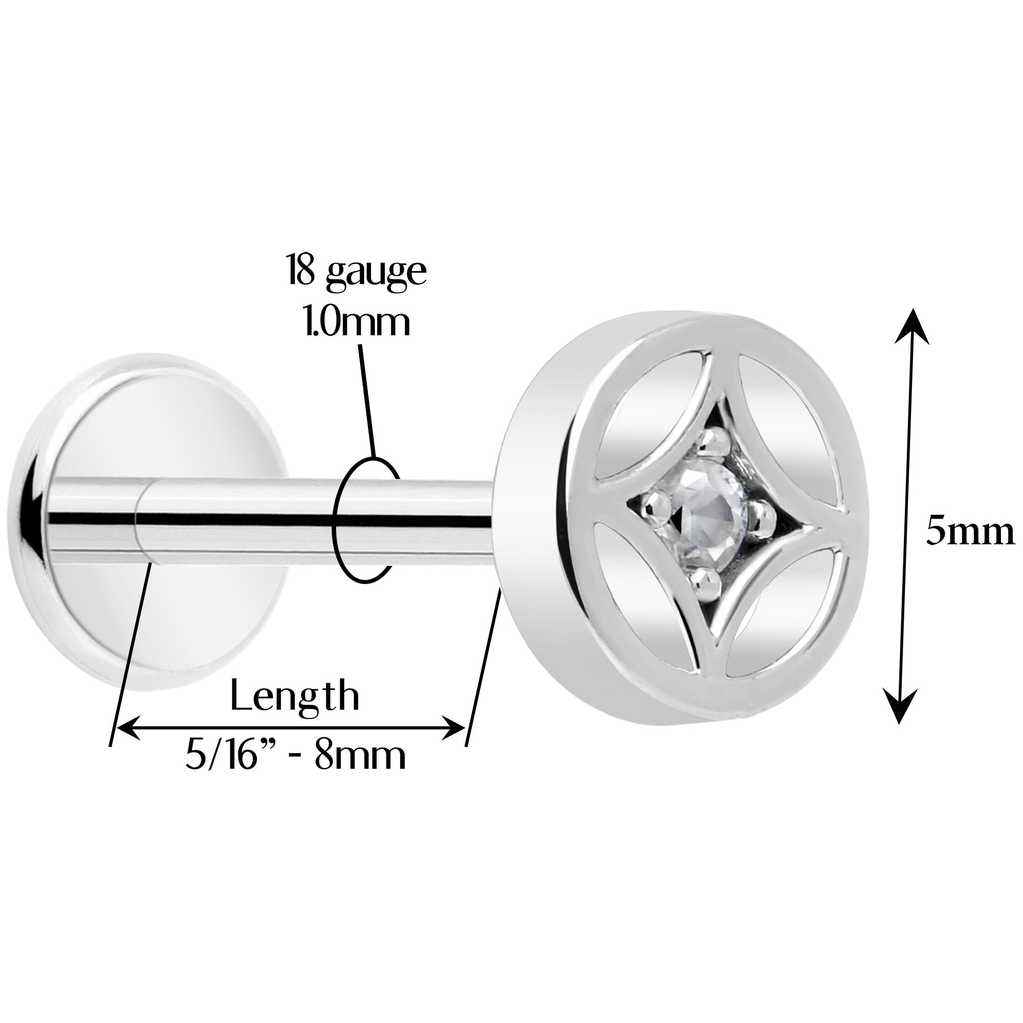18G 5/16 CZ Gem Star Threadless Push In Labret Monroe Tragus