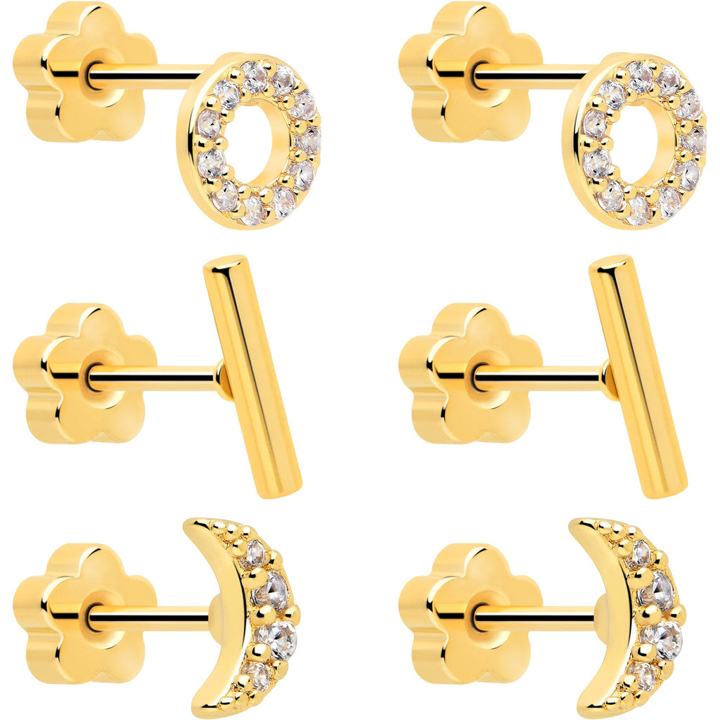 20G Clear CZ Gem Moon Circle Bar Reversible Flower Flat Back Earring Set of 6