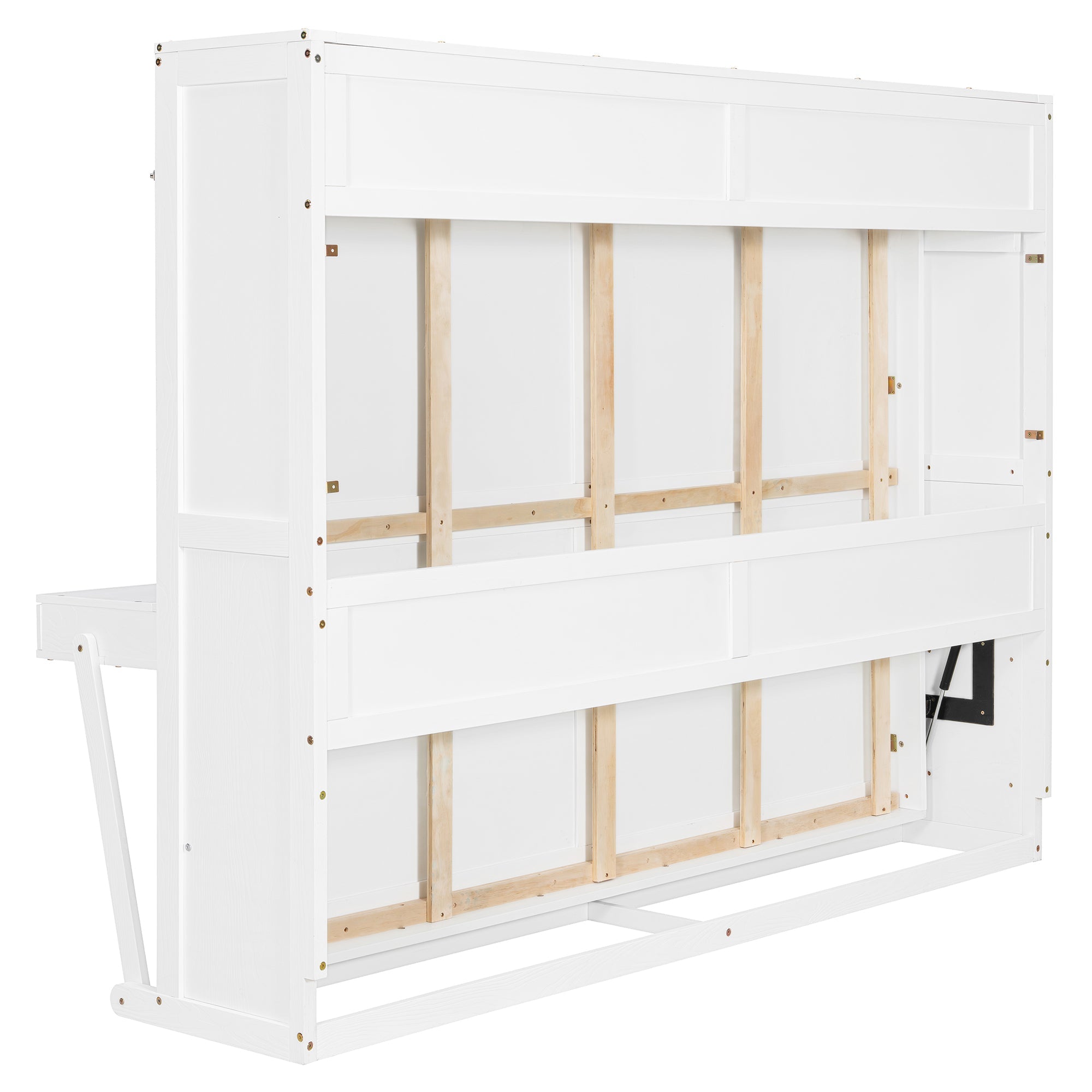 Queen Size Wall Murphy Bed with Storage, Foldable Cabinet Bed with Vanity Desk, Center Mirror & 2 Side Drawers, White
