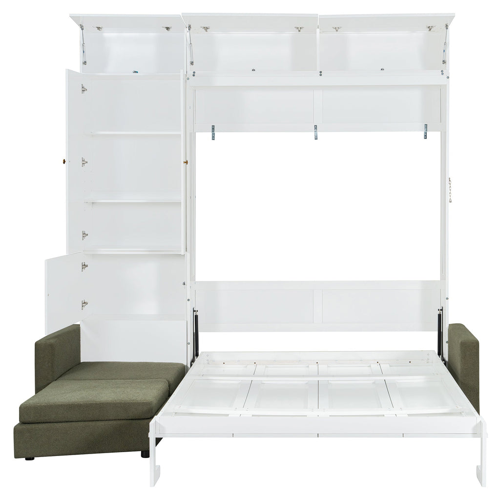 Queen Size Murphy Bed Wall Bed with Sofa and Shelves,White Panel, Green Sofa