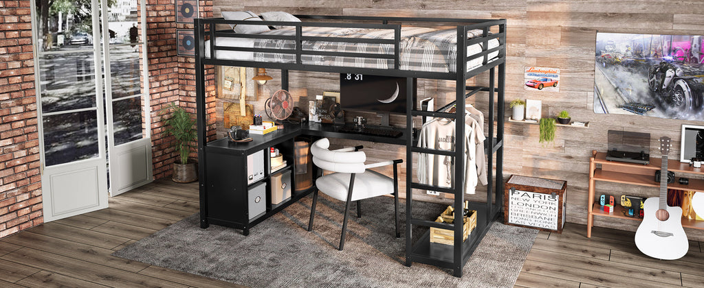 Metal Loft Bed with Wardrobe and L-shaped Desk, Twin Size Loft Bed with Storage Cubes and Shelves, Loft Bed for Kids Teens Adults, Black