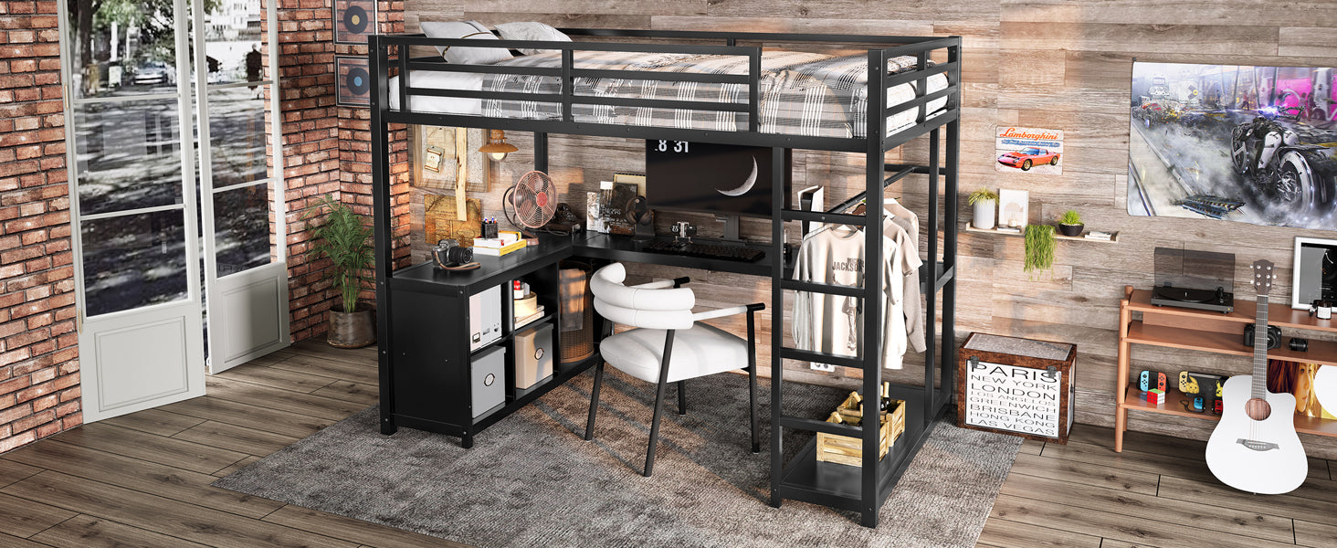 Metal Loft Bed with Wardrobe and L-shaped Desk, Twin Size Loft Bed with Storage Cubes and Shelves, Loft Bed for Kids Teens Adults, Black