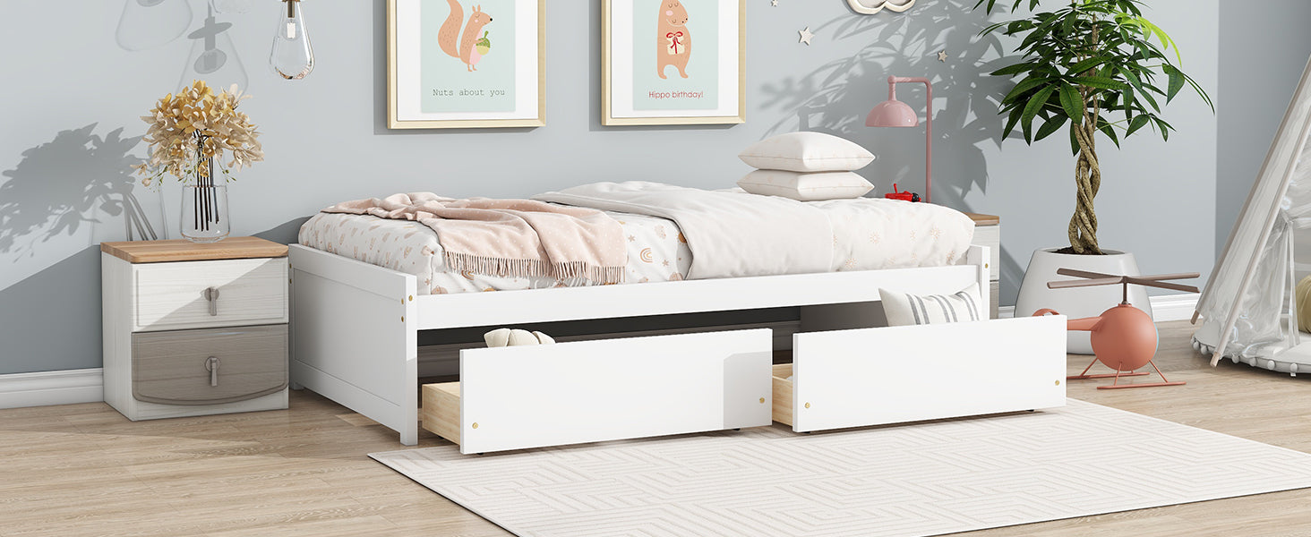 Twin Size Bed with 2 Drawers, Solid Rubber Wood Bed,White