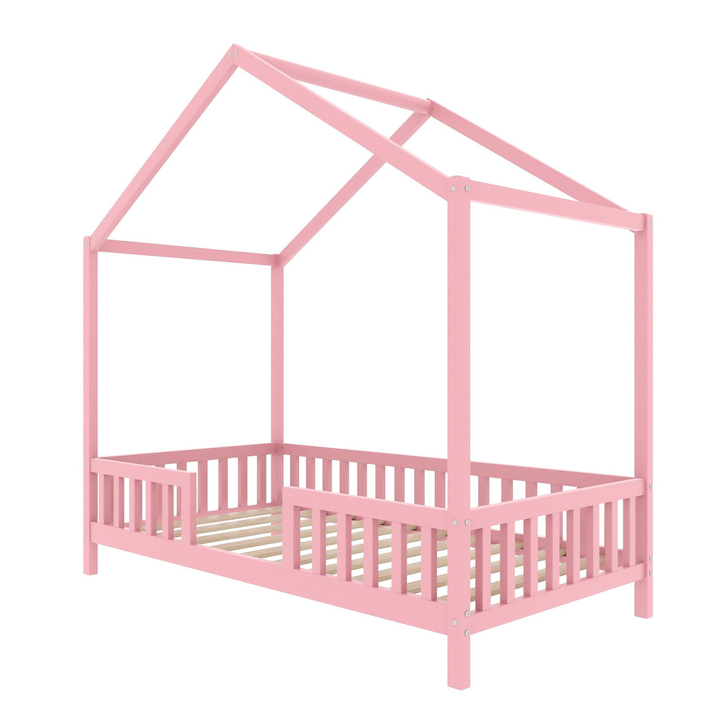 Montessori Floor Bed with Canopy, Twin Bed Frame for Kids, House Shape Kids Bed Frame with High Railings, Wood Kids Bed with Roof, Kid Twin Bed, Pink