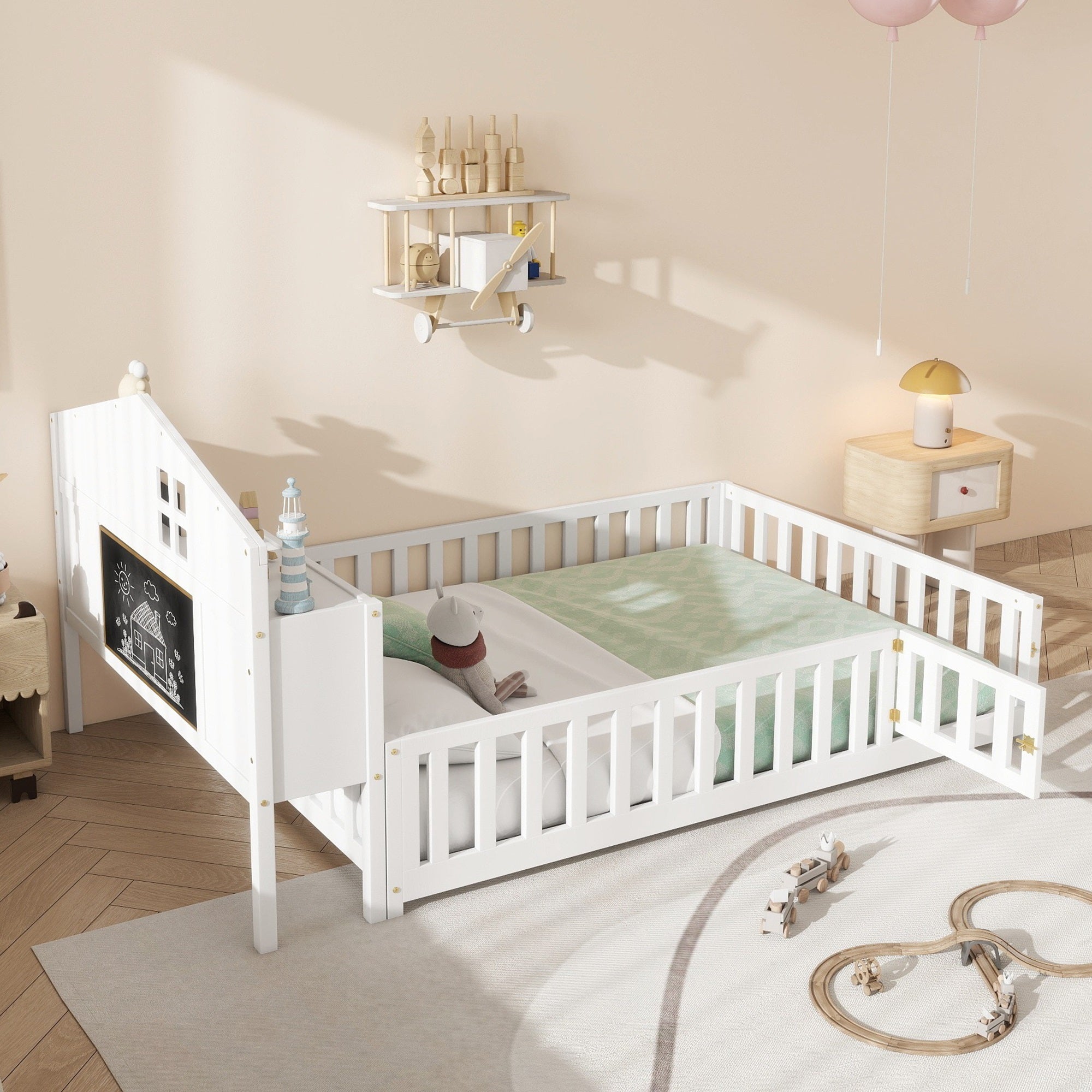 Full-size Montessori Floor Bed with Bookcases and Blackboards, Versatile Platform Beds with Guard rails, Solid Wood Floor Beds with Storage Headboards, Floor Beds for Kids and Teens White