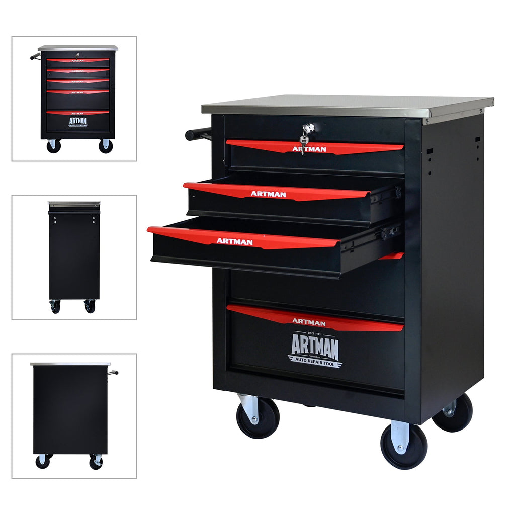 5-Drawer Multifunctional Tool Cart with Wheels, Metal Rolling Tool Cart Storage for Garage Workshop Warehouse Repair Shop - with Stainless Steel Roof - Black & Red