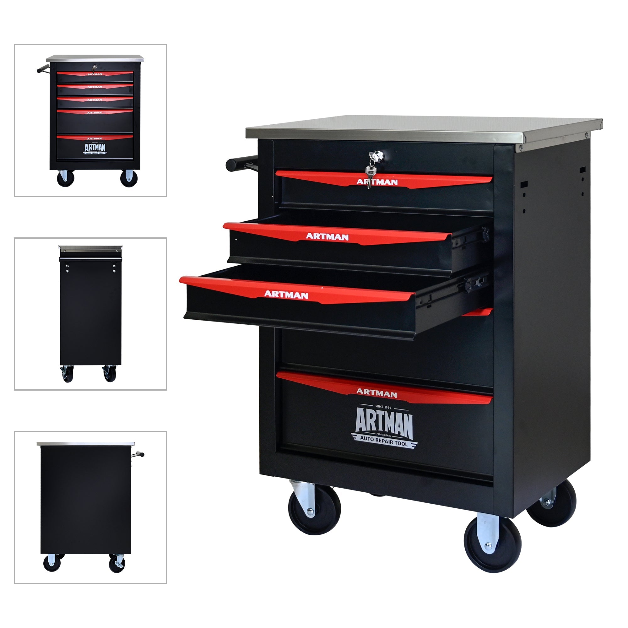5-Drawer Multifunctional Tool Cart with Wheels, Metal Rolling Tool Cart Storage for Garage Workshop Warehouse Repair Shop - with Stainless Steel Roof - Black & Red