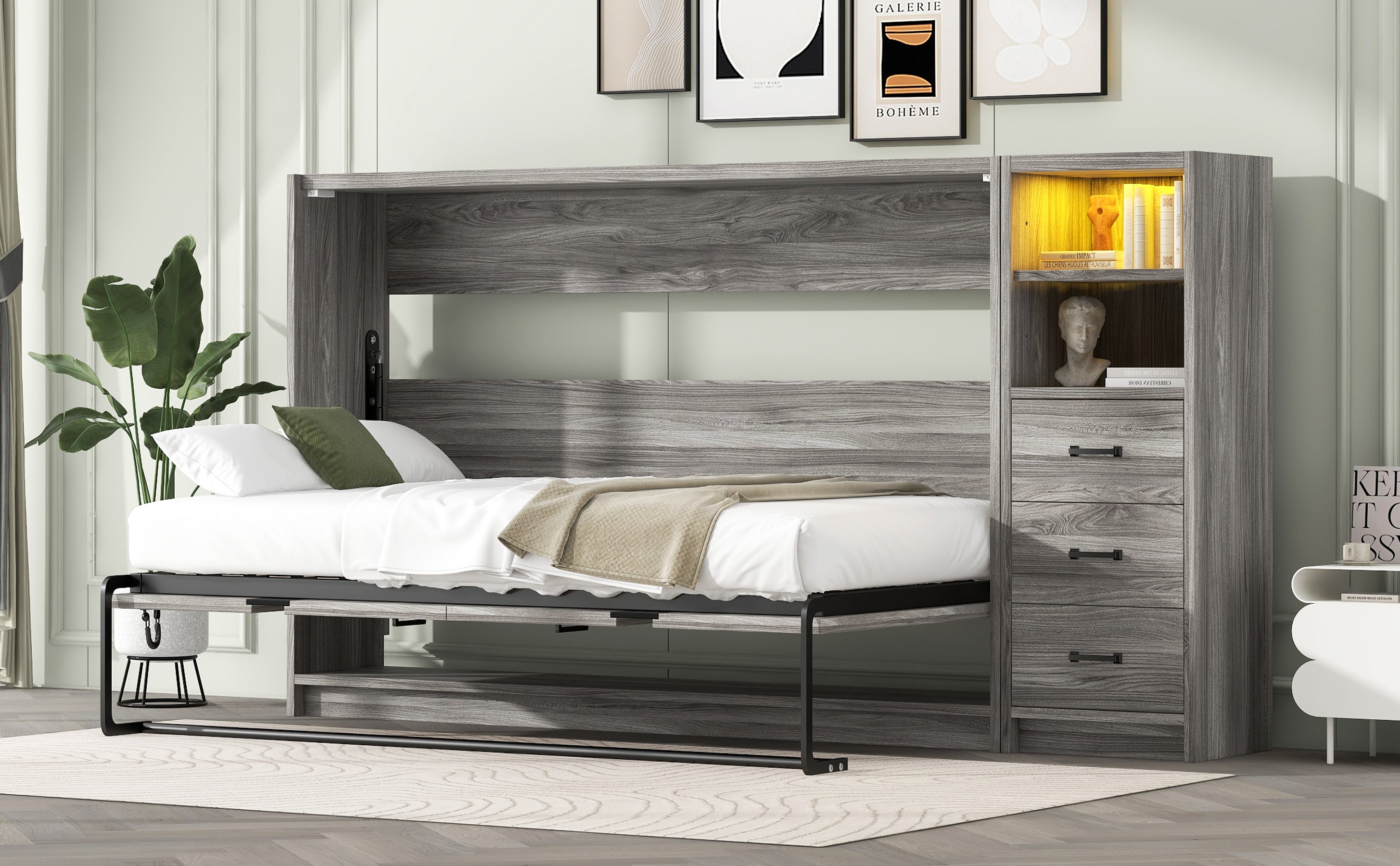 Twin Size Murphy Bed with Drawers and LED Light, can be Folded into a Cabinet, Gray