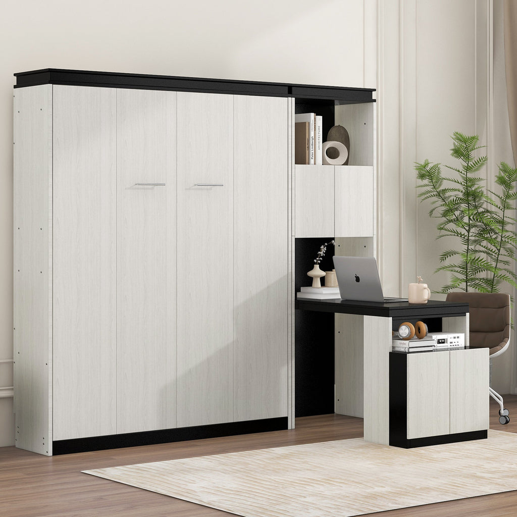 Full Size Murphy Bed with Desk and Storage Shelves and  Cabinets, Black+White