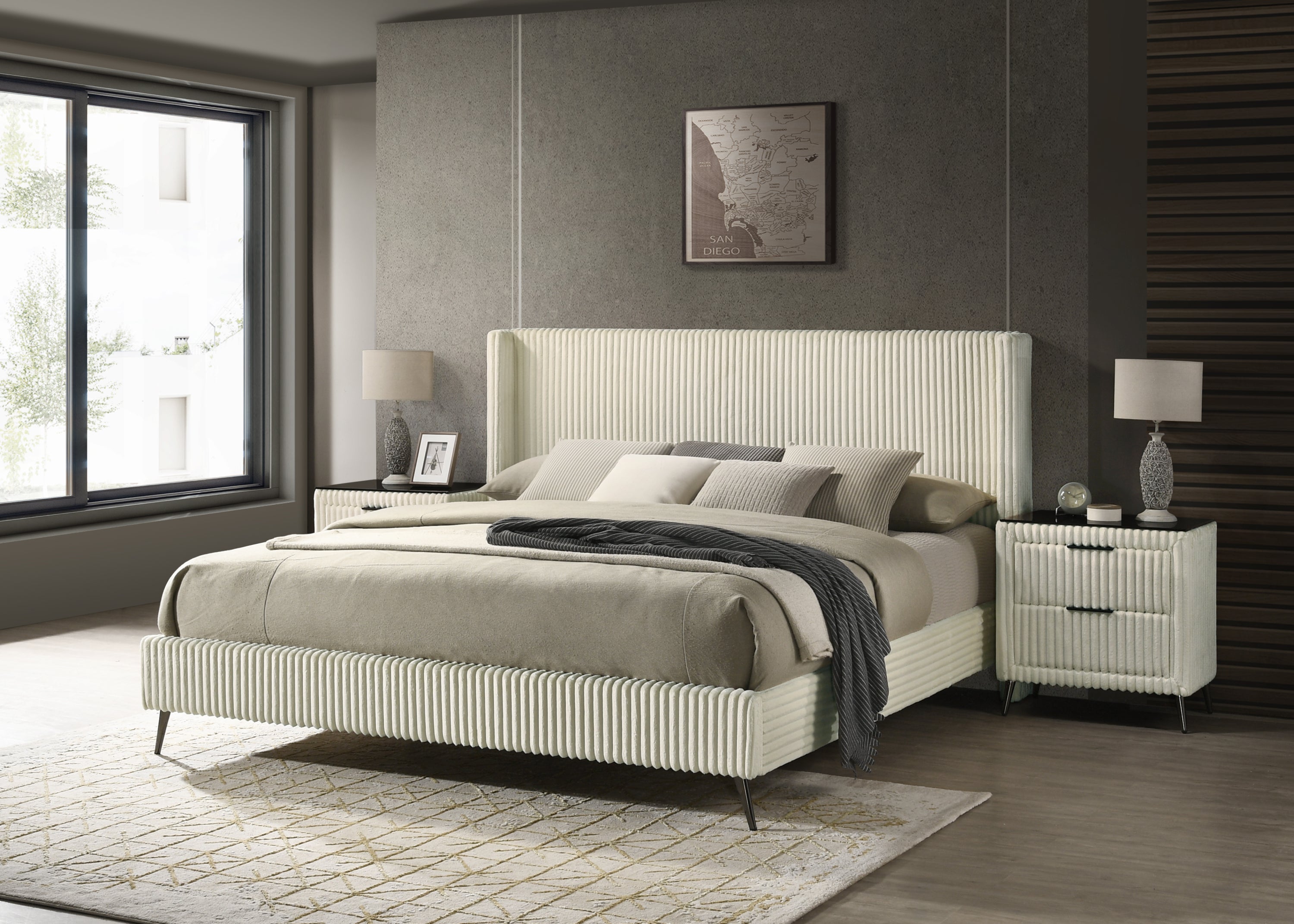 Mavela Wide Wale Corduroy Upholstery Panel King Bed with 2 Nightstands, Cream
