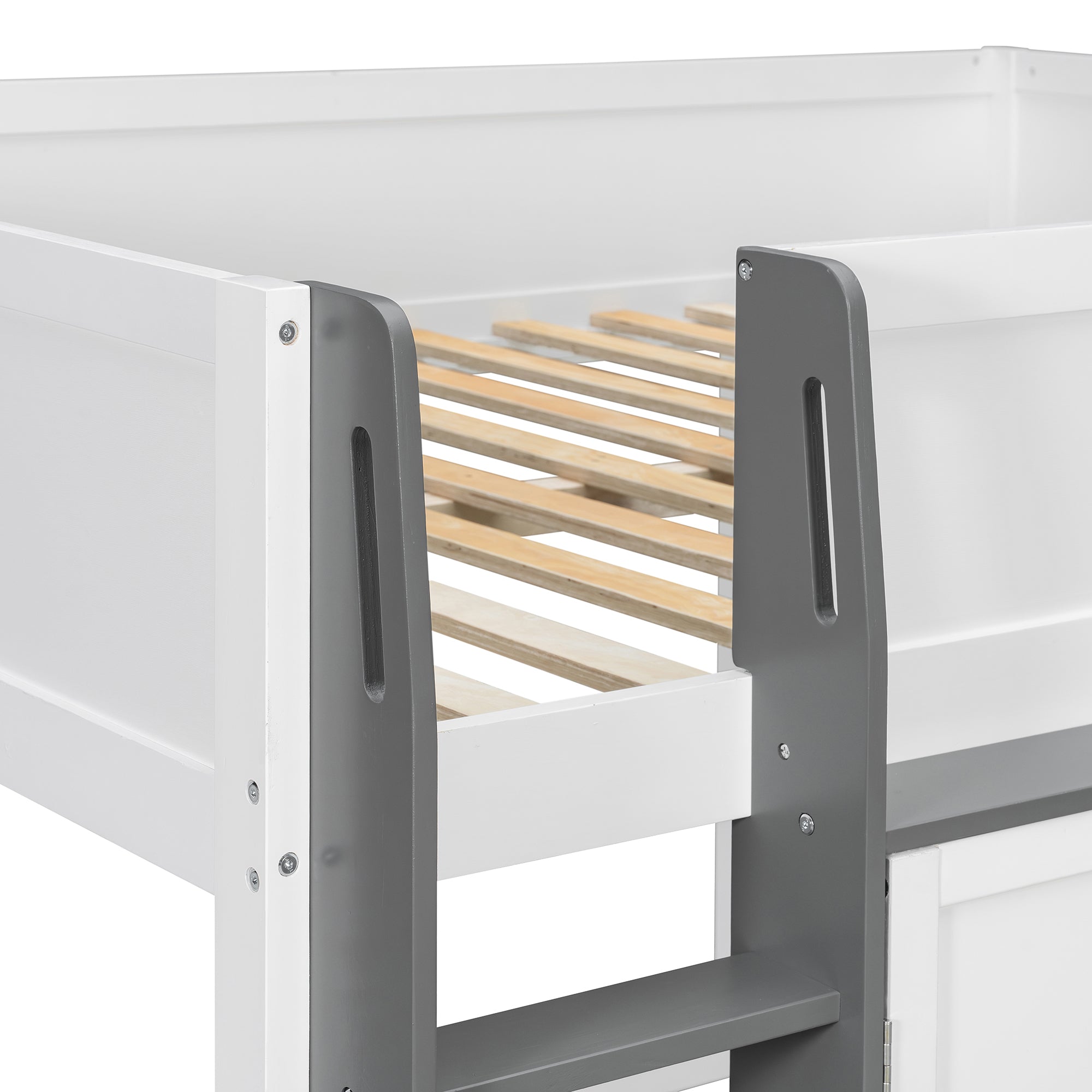 Full Loft House Bed with Playhouse & Storage, Modern Wood Cabin Bed for Kids/Teens, White+Gray