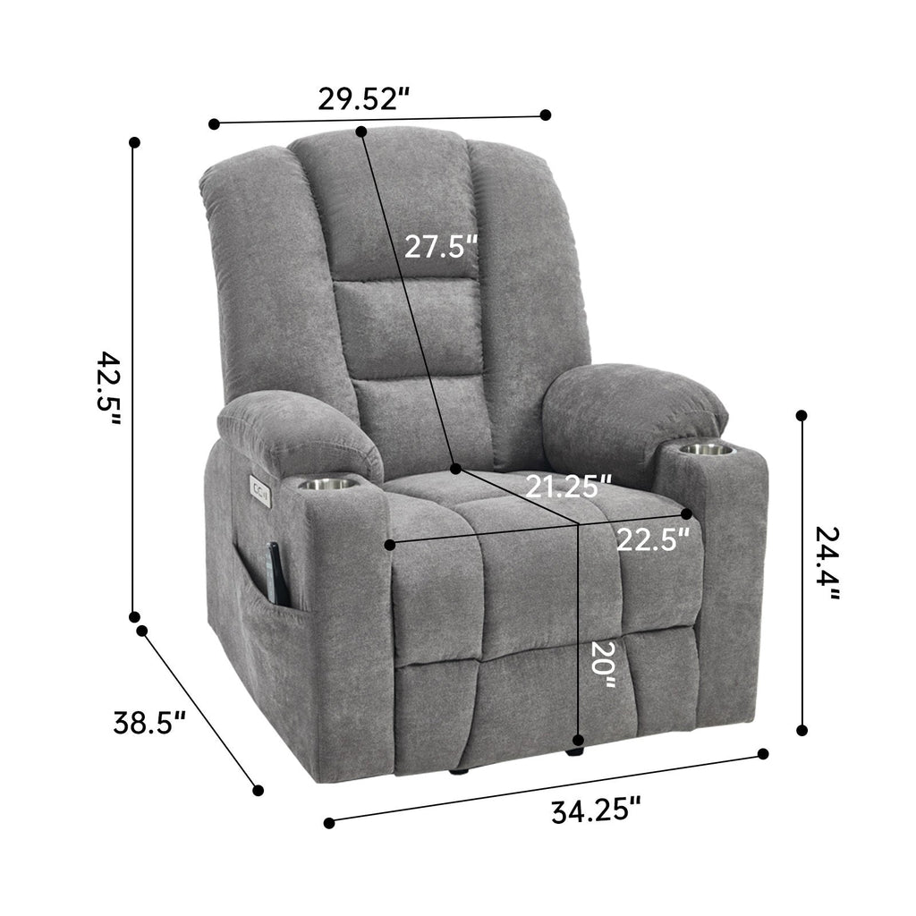 Power Lift Recliner Chair with Massage and Heat for Elderly, Overstuffed Wide Recliners, Heavy Duty Motion Mechanism with USB and Type C Ports, 2 Steel Cup Holders, Light Grey