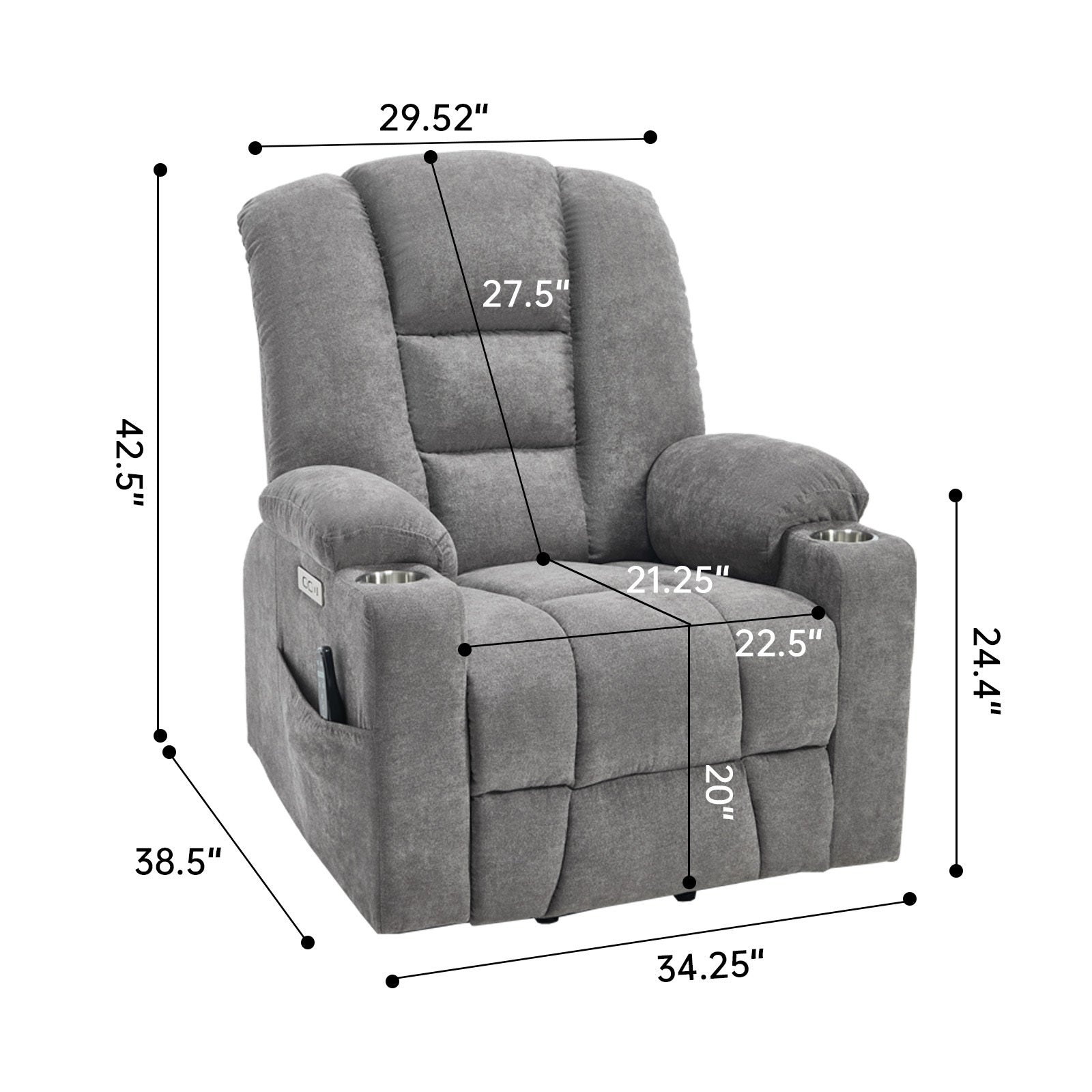 Power Lift Recliner Chair with Massage and Heat for Elderly, Overstuffed Wide Recliners, Heavy Duty Motion Mechanism with USB and Type C Ports, 2 Steel Cup Holders, Light Grey