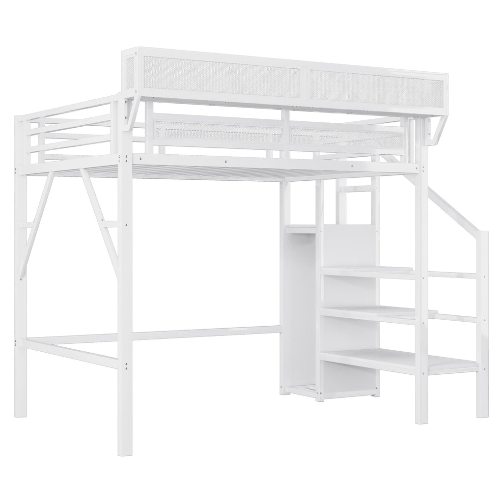 Twin Size Loft Bed with Stairs, Metal Full Loft Bed with Storage Shelves, High Loft Bed with Wardrobe for Kids Teens,White(Expect Arrival Date 2025/9/22)