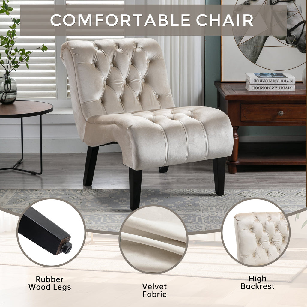 COOLMORE Modern Velvet Armless Accent Living Room Chair / Leisure Chair,Upholstered Fabric Button Comfortable Chair with Wooden Legs for Bedroom, Living Room, Office (Beige Velvet)