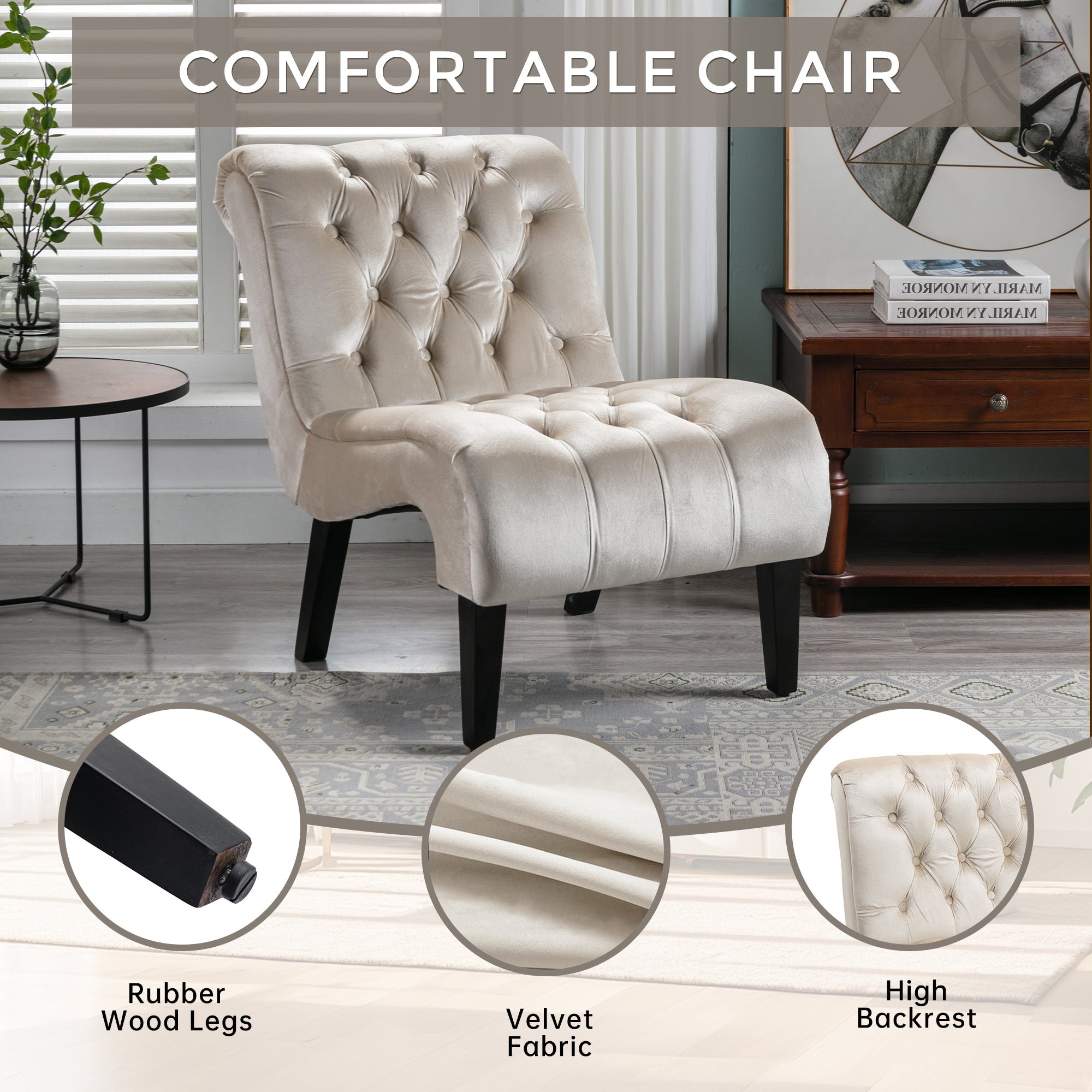 COOLMORE Modern Velvet Armless Accent Living Room Chair / Leisure Chair,Upholstered Fabric Button Comfortable Chair with Wooden Legs for Bedroom, Living Room, Office (Beige Velvet)