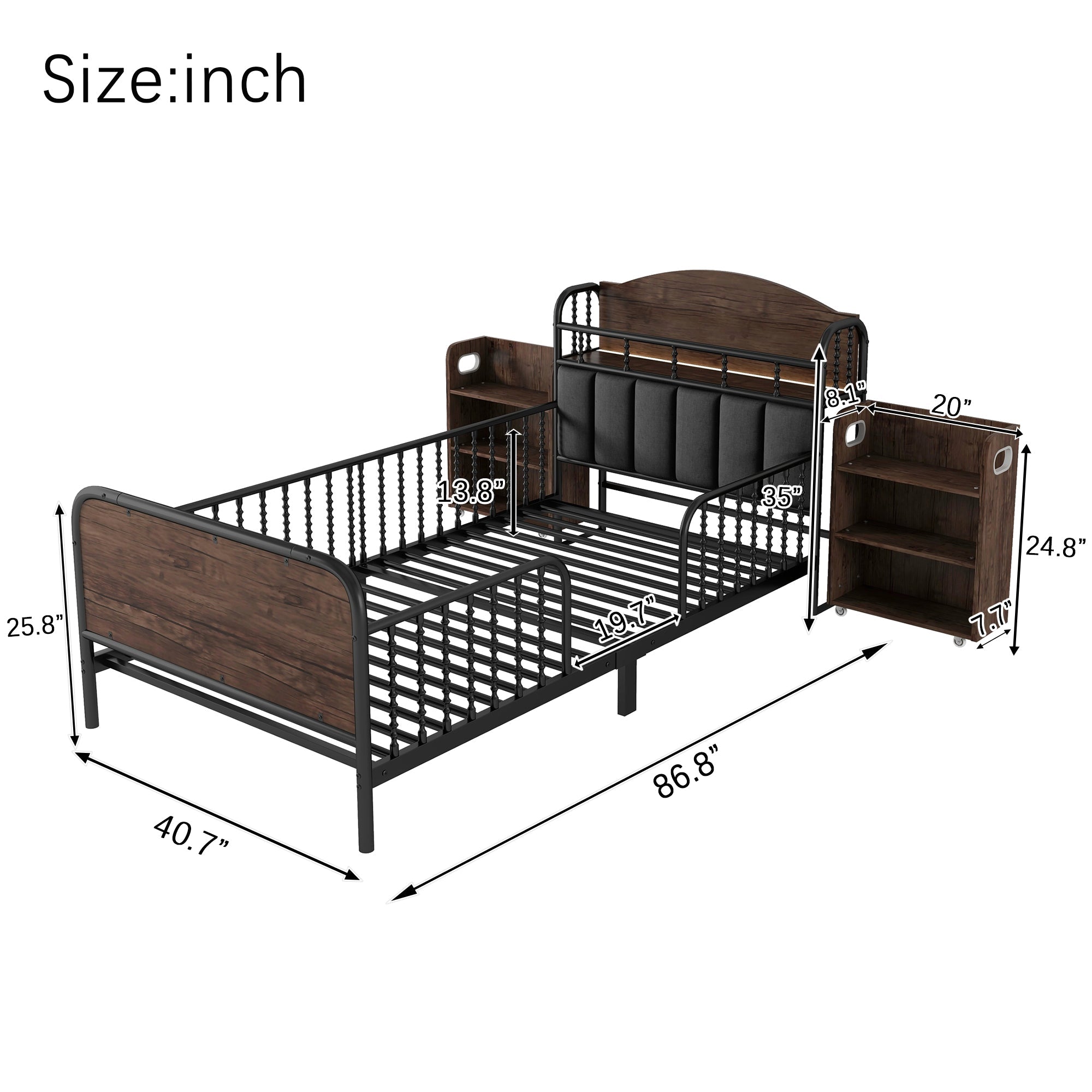 Twin Size Metal Platform Bed Frame with Light, Kids Twin Metal Bed with Upholstered and Pull Out Storage Shelves, Black (Expect Arrival Date 2025/10/5)
