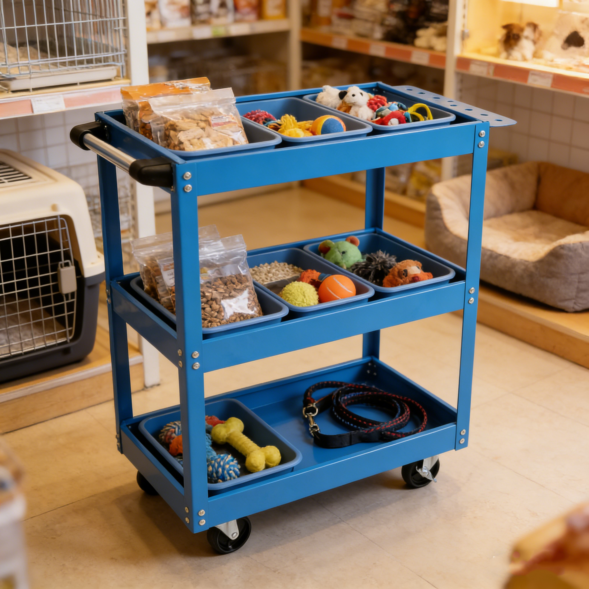 Tool Cart on Wheels, 3 Tier Rolling Mechanic Tool Cart, Heavy Duty Steel Utility Cart w/Lockable Wheels, 450 LBS Capacity Industrial Service Cart for Garage, Warehouse, Workshop (blue)