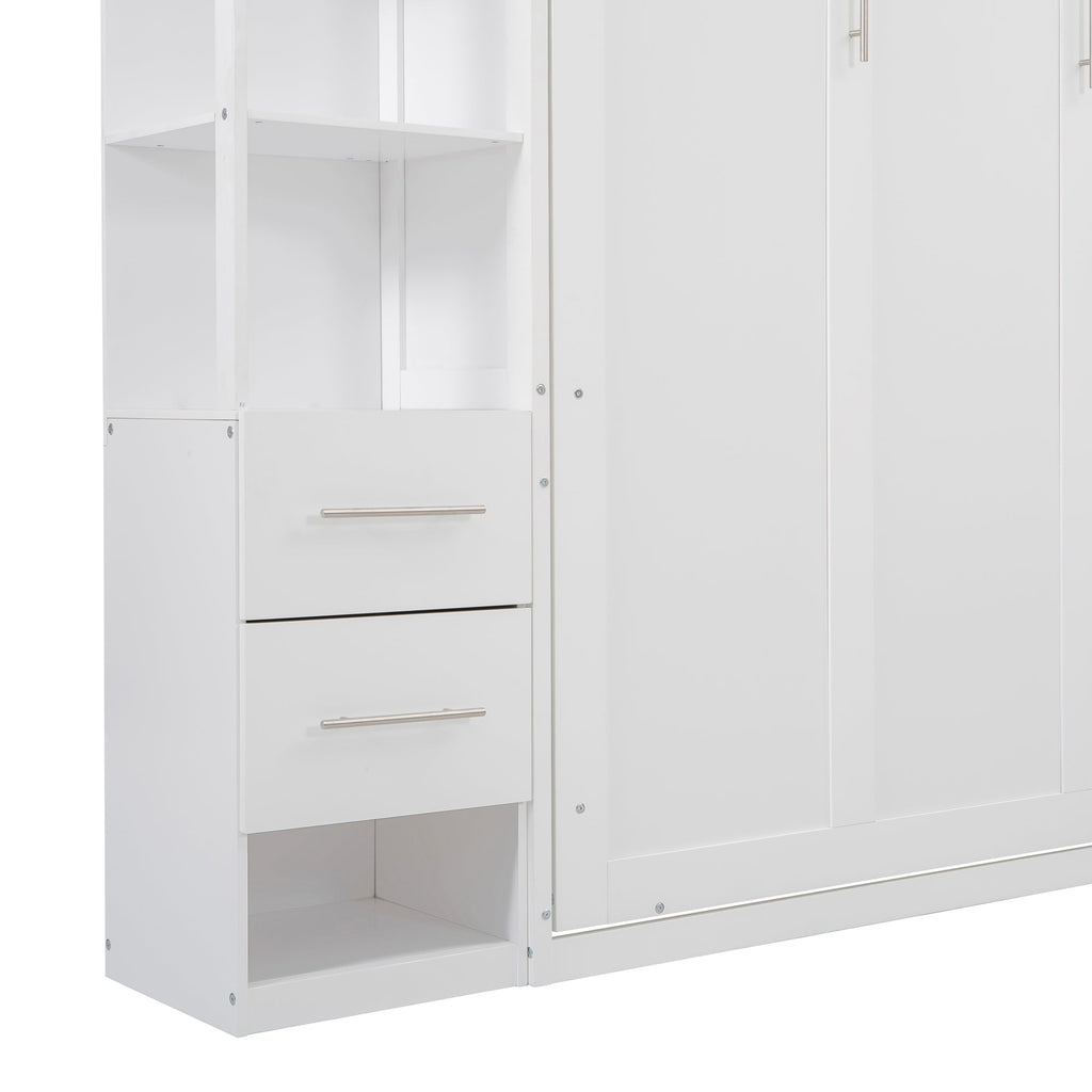 Queen Size Murphy Bed Wall Bed with Shelves, Drawers and LED Lights,White(OLD SKU:LP000566AAK-1)