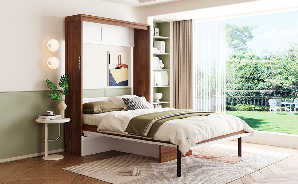 Full Size Murphy Bed with Foldable Desk – Space Saving Wall Bed - Walnut & White