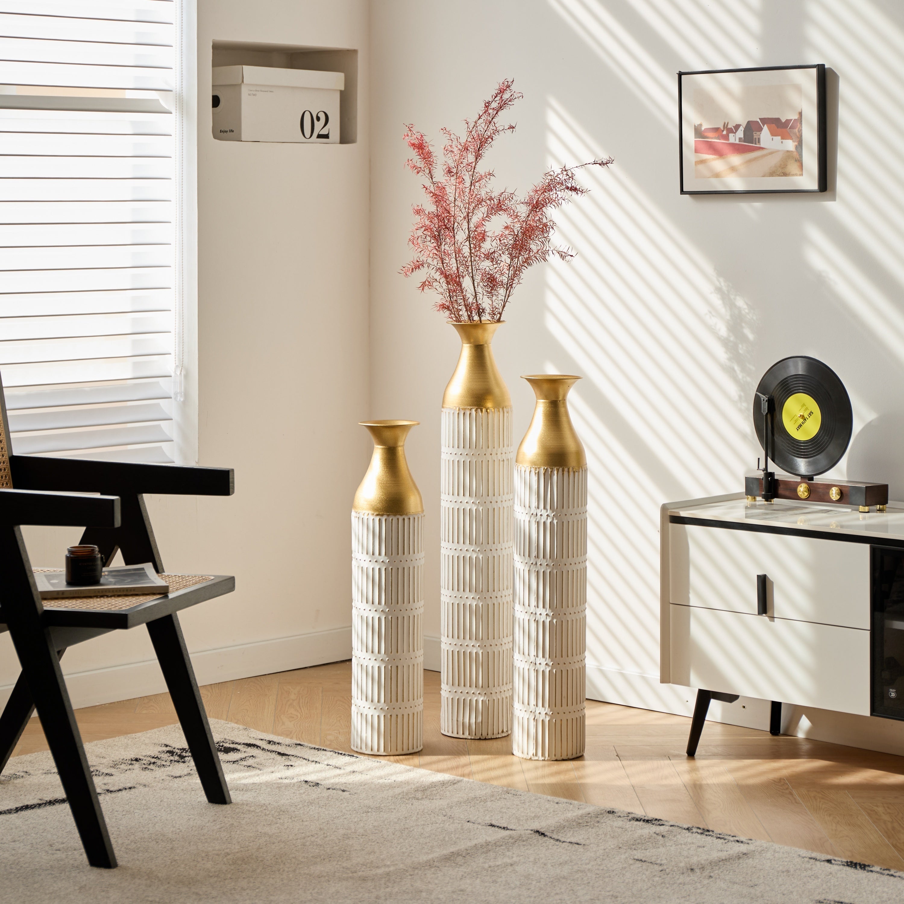 Floor Metal Vases Decorated White Metal Vases Set of 3 Gorgeous Home Decoration Large Glazed Metal Vases 24in/28.7in/33.5in Height