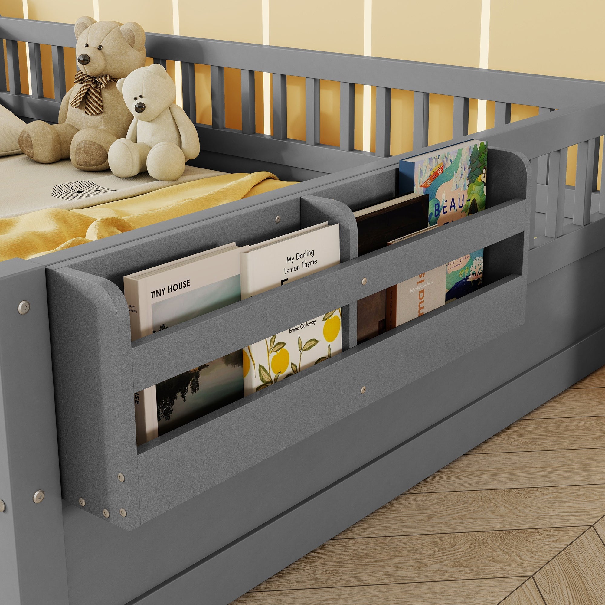 Full Montessori Floor Bed Frame with High Rails, Wood Kids Floor Beds with Light and Storage Shelf, Gray(Expect Arrival Date 2025/8/15)