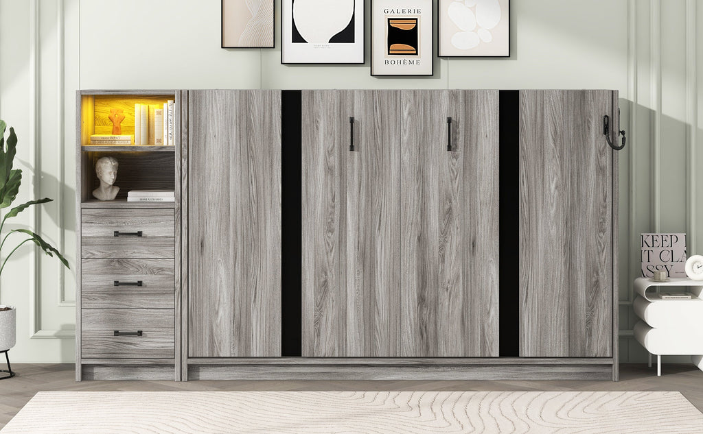 Twin Size Murphy Bed with Drawers and LED Light, can be Folded into a Cabinet, Gray