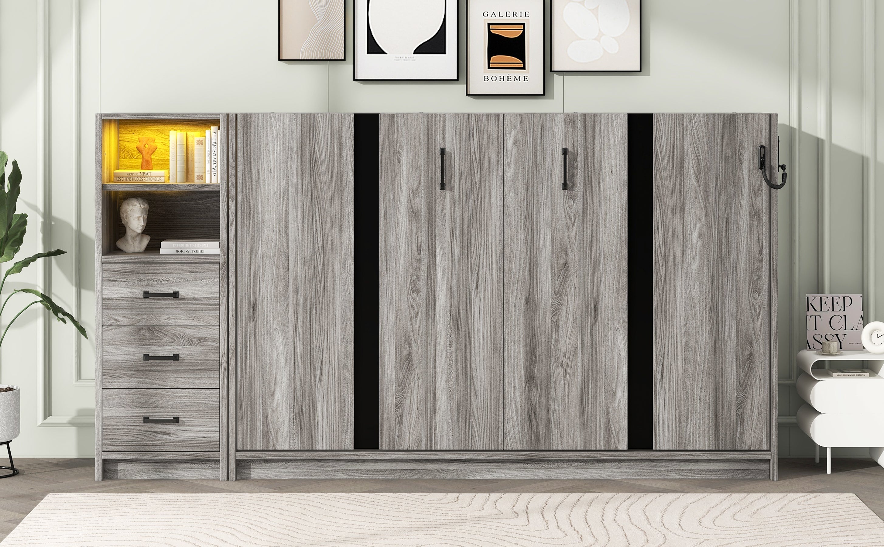 Twin Size Murphy Bed with Drawers and LED Light, can be Folded into a Cabinet, Gray