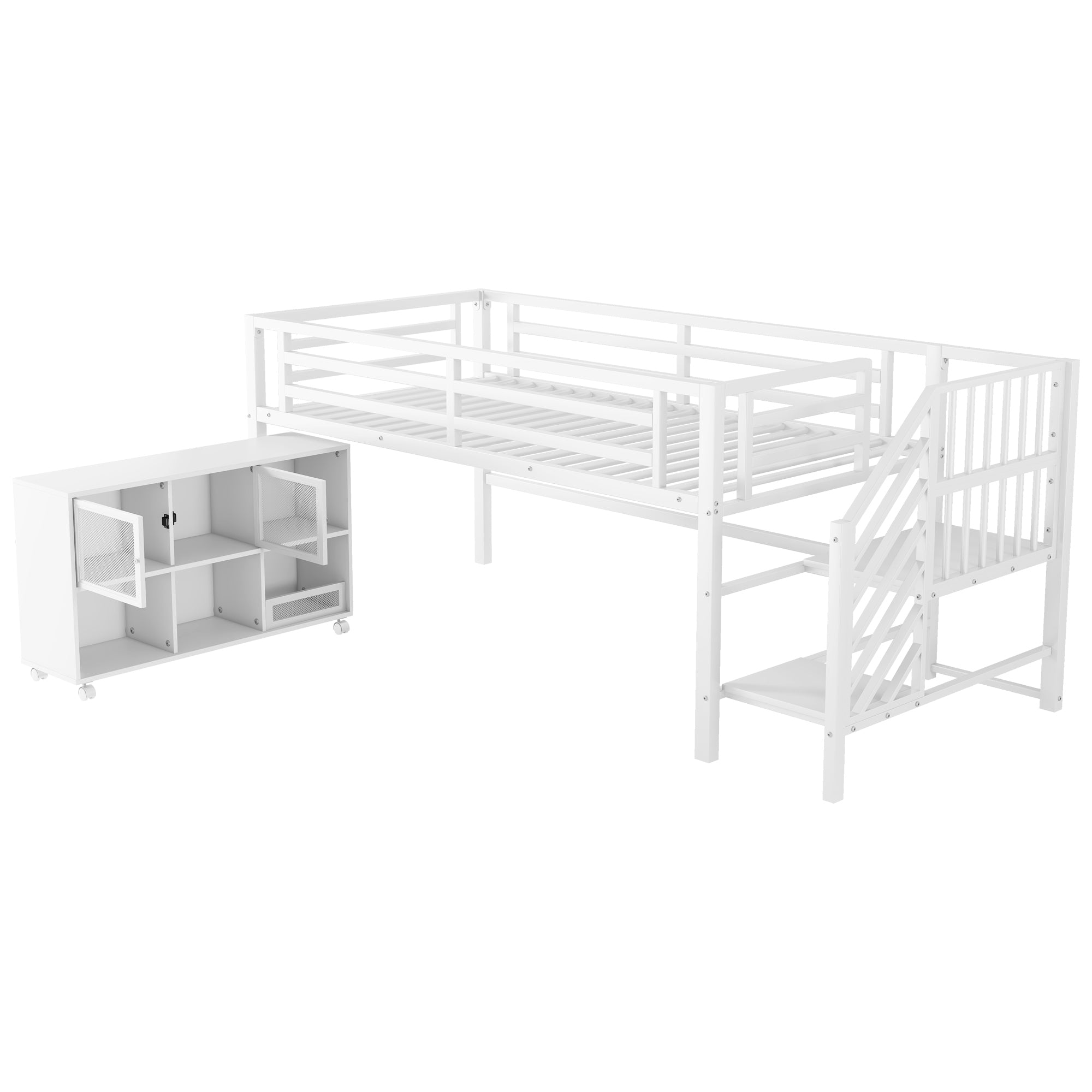 Twin Metal Loft Bed with Storage Cubby, Low Metal Loft Bed with Stairs for Kids, White, Expect Arrival Date 2025/11/10
