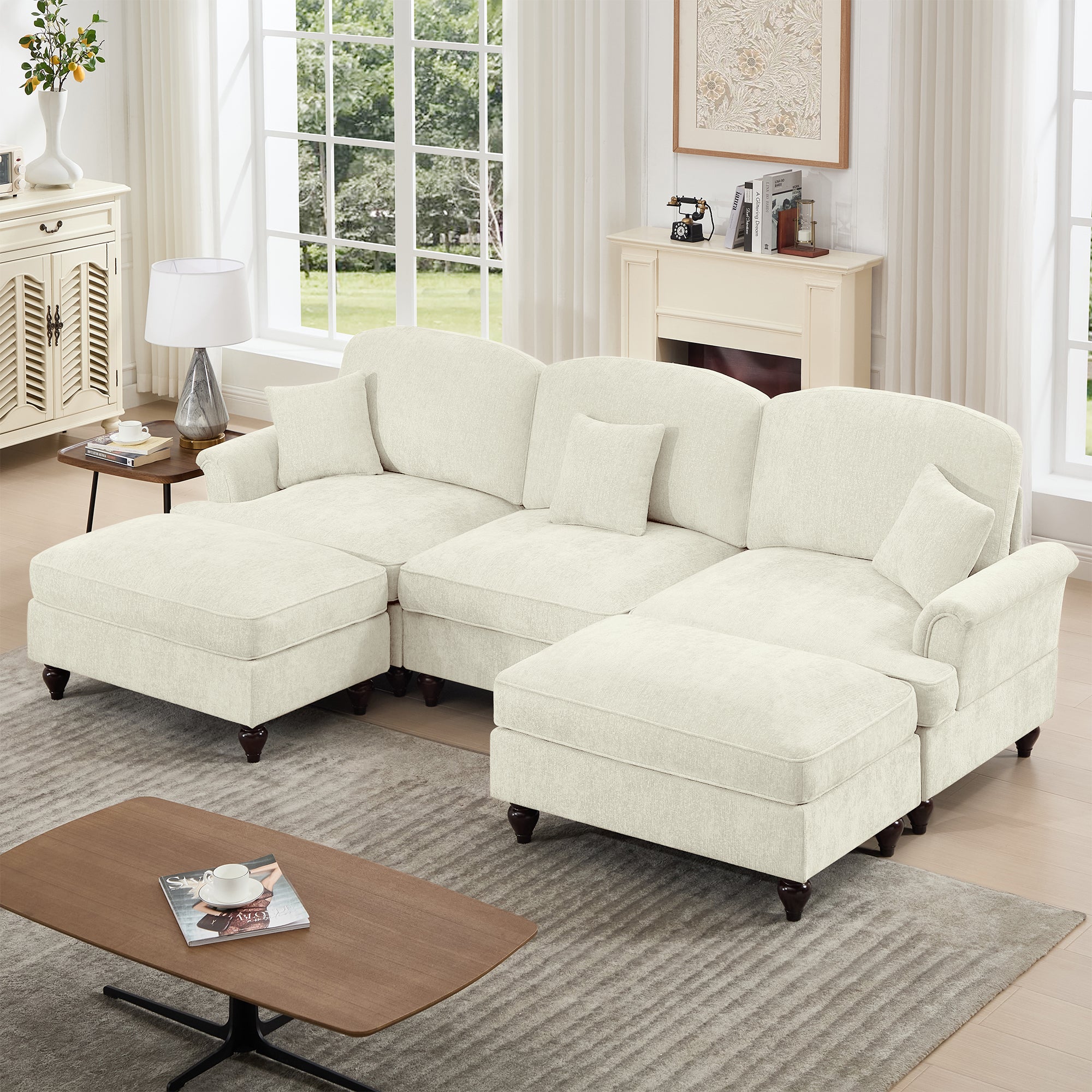 Classic Comfy Modular U Shape Sectional Sofa Couch with Flared Arms and Removable Ruffles Pleats Skirts and Spindle Legs, Upholstered Chenille Deep Seat Cloud Sofa with Movable Ottomans, Beige White