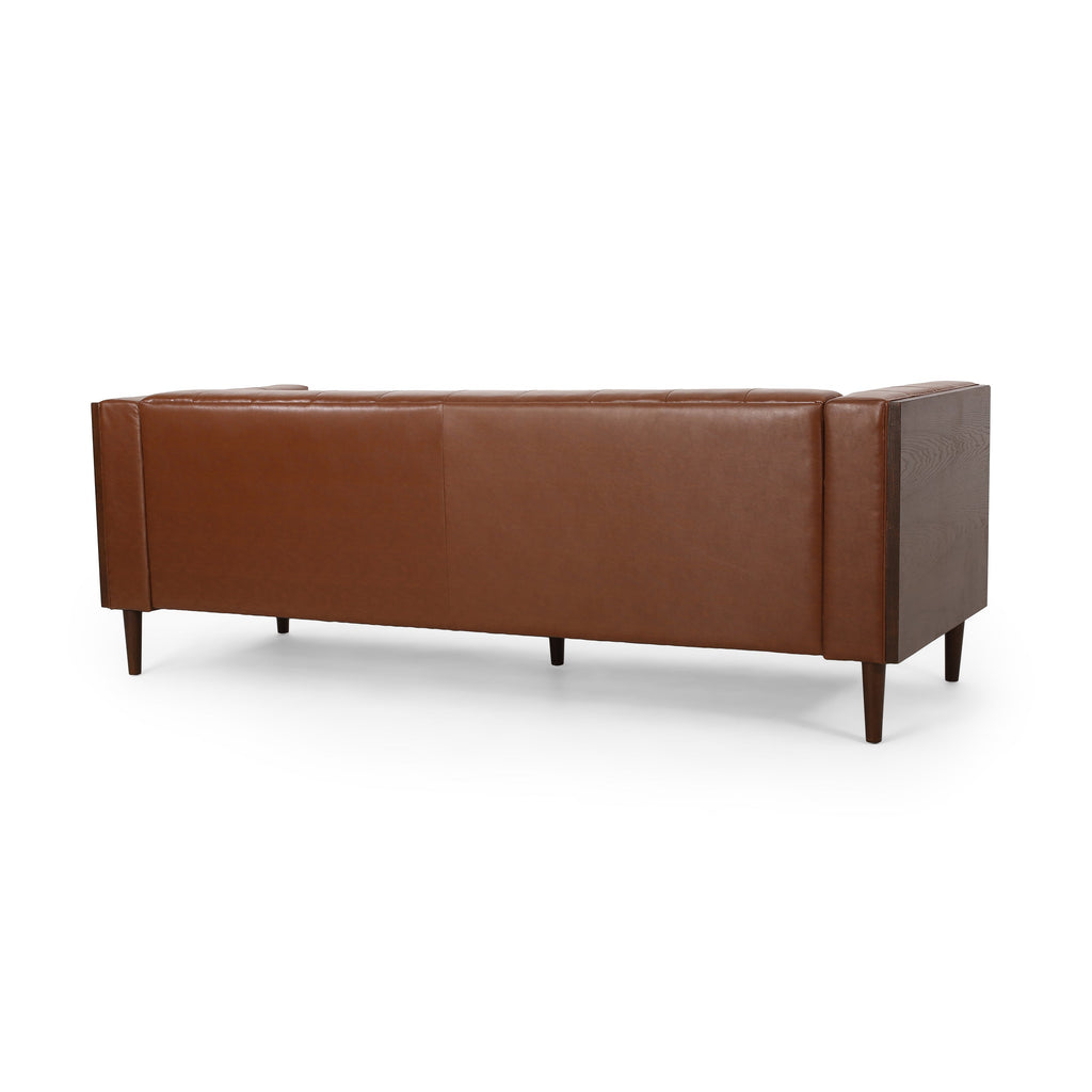 Contemporary 3-Seater Sofa with Tufted Design in Light Brown PU and Wood Accents