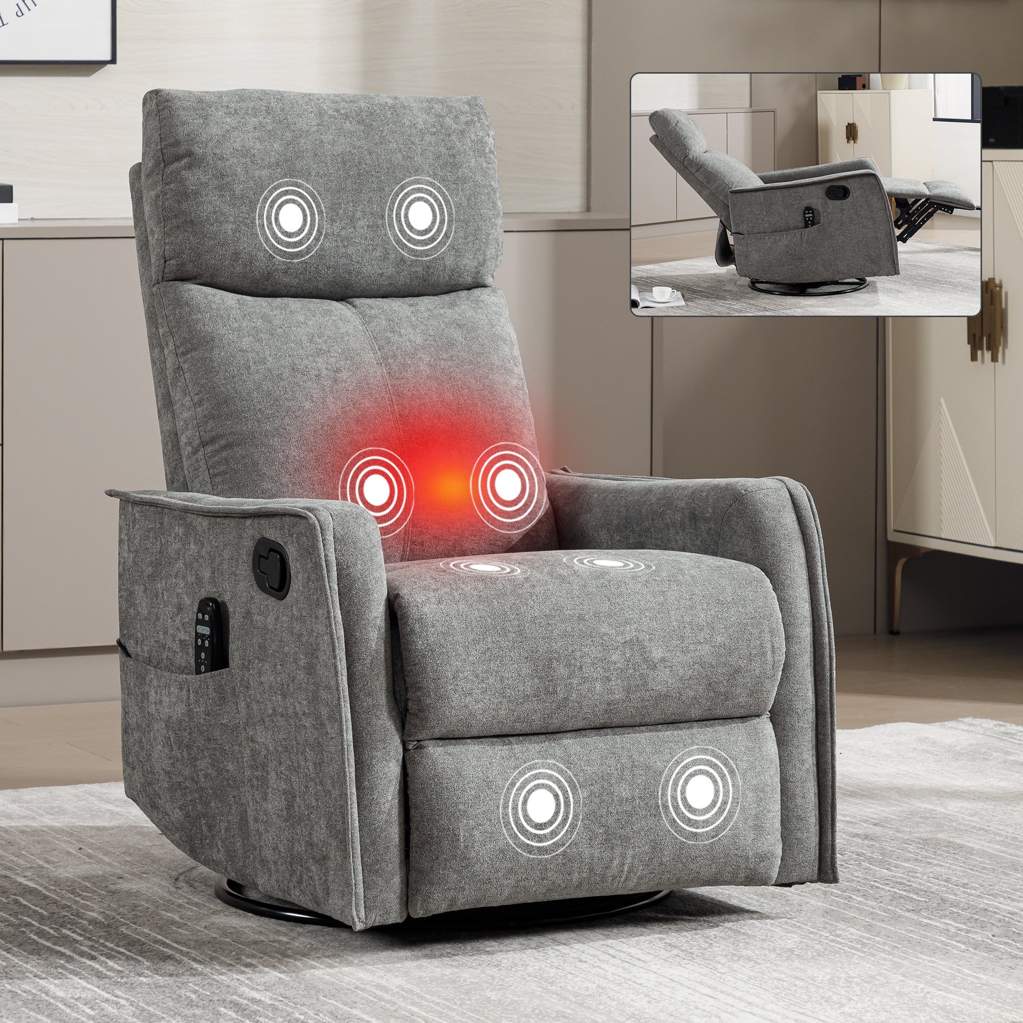 Heat Massage Manual Recliner Chair with Rocker and Swivel in Fabric for Living Room, Light Grey