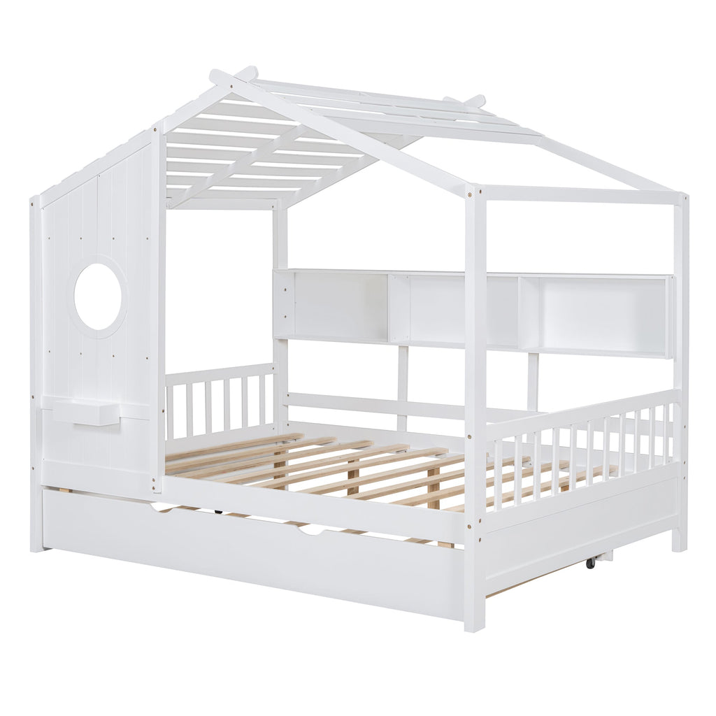 Wooden Full Size House Bed With Trundle, Modern Design for Kids with Storage Shlef, White(old SKU HL000095AAW)