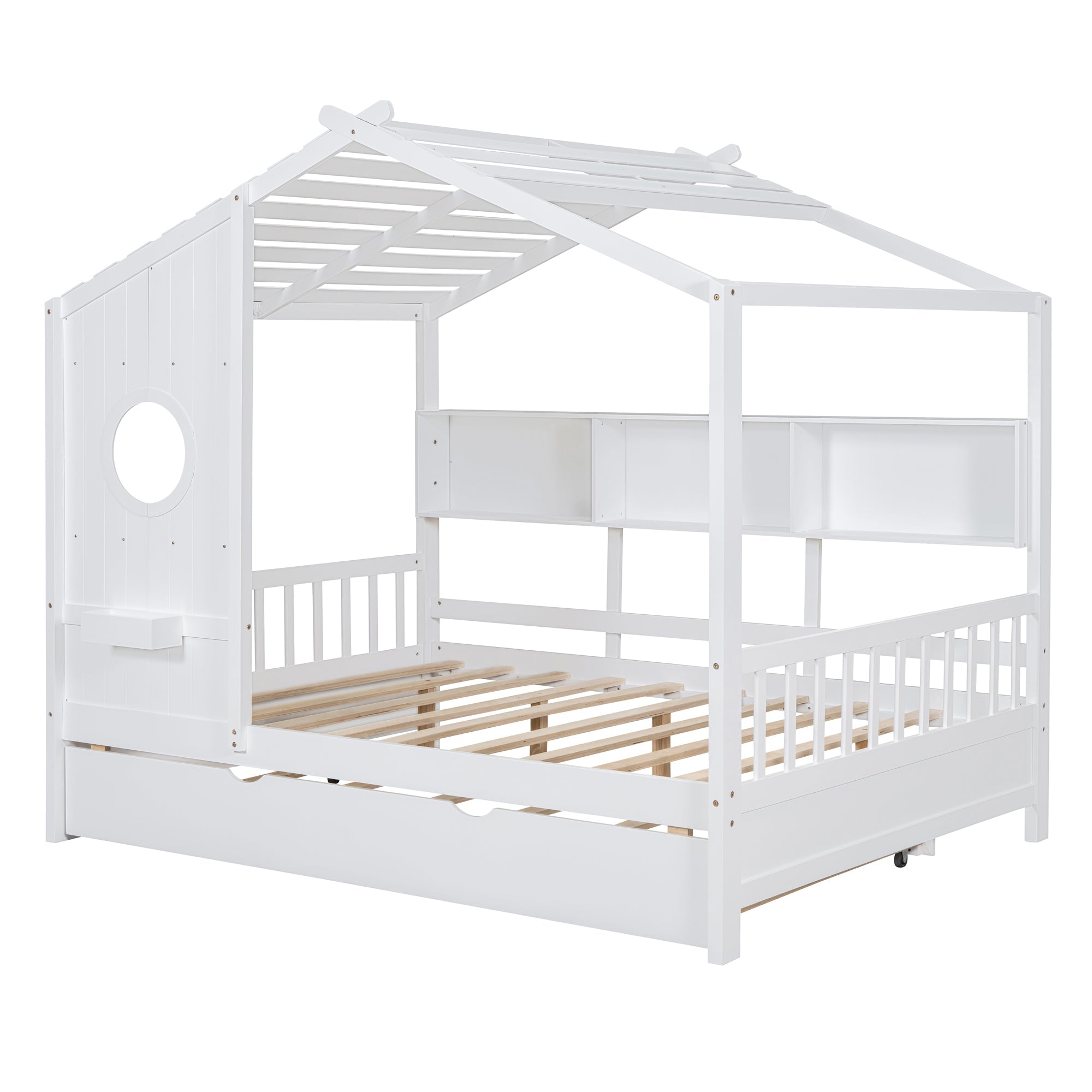 Wooden Full Size House Bed With Trundle, Modern Design for Kids with Storage Shlef, White(old SKU HL000095AAW)
